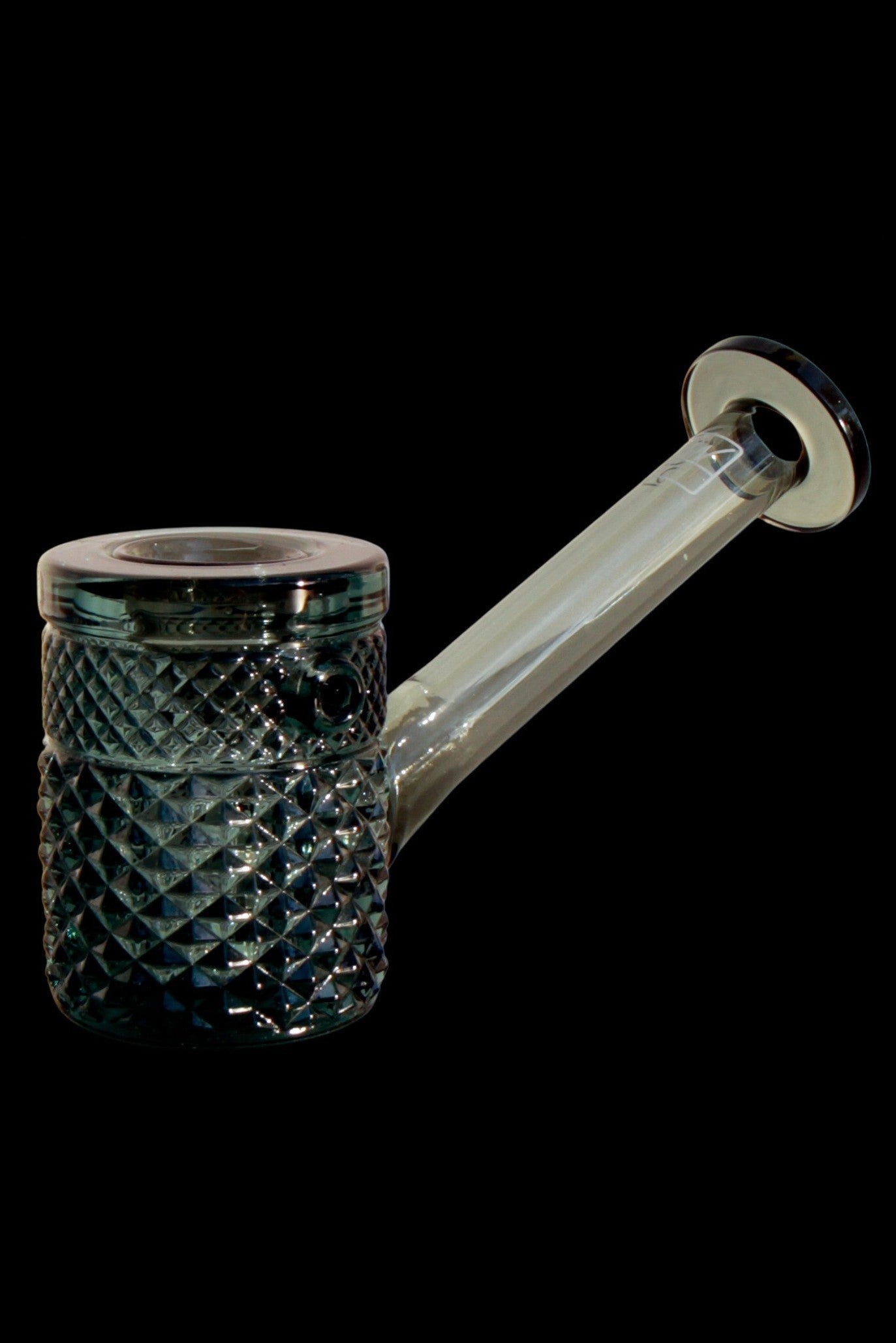 Dark teal glass bubbler with diamond lattice pattern and clear mouthpiece.
