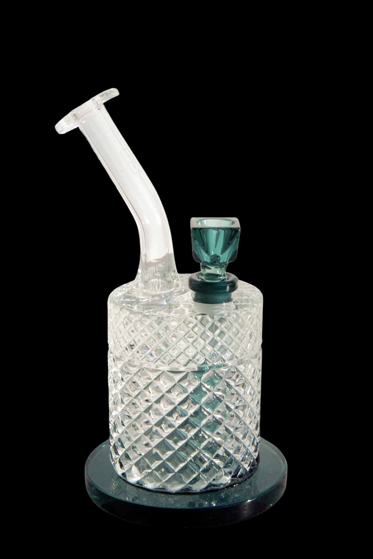 Clear glass water pipe with a diamond-patterned body and teal accents, isolated on a black background.