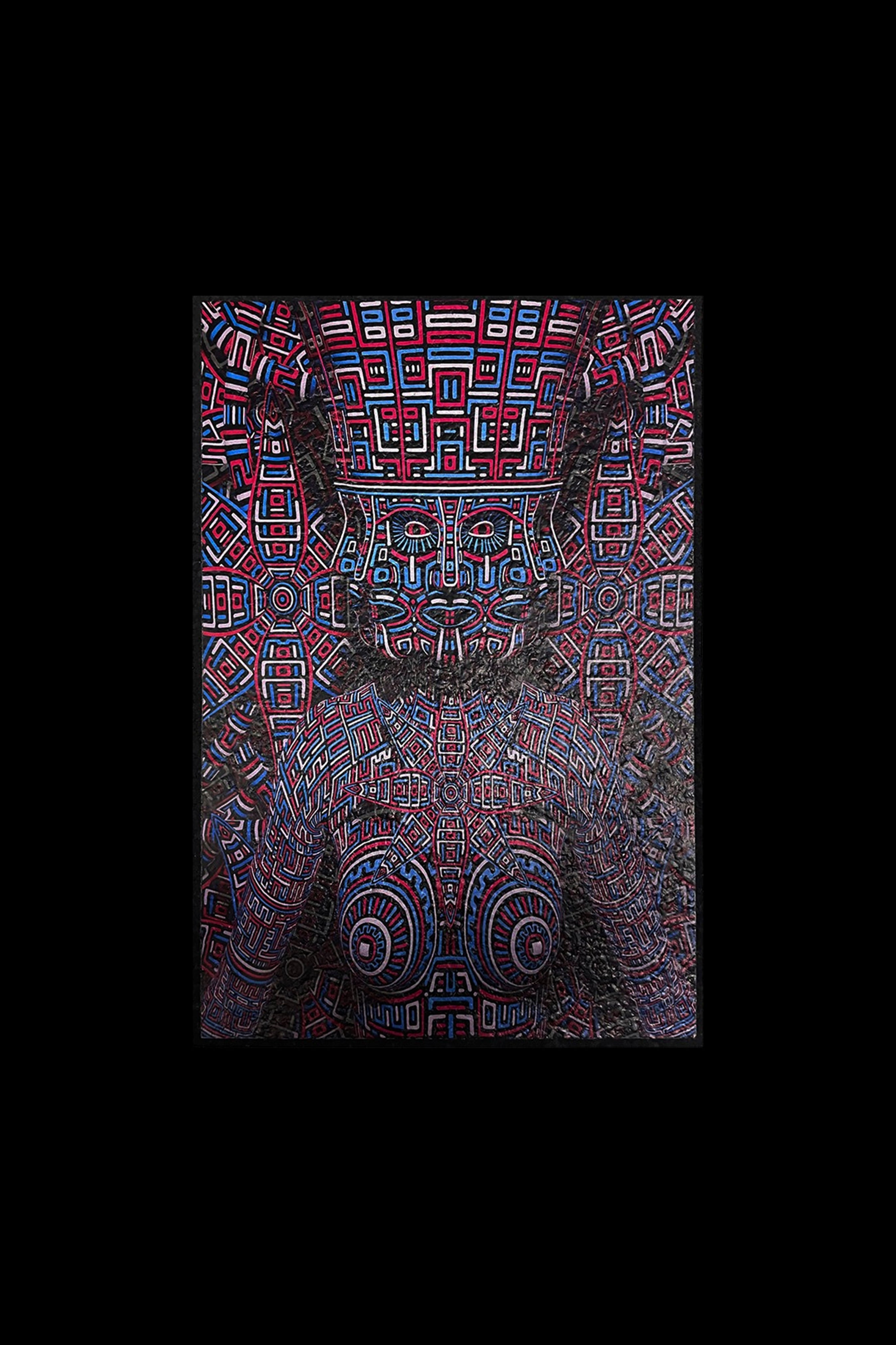 Intricate geometric pattern in red, blue, and white, resembling a face within a complex labyrinth, likely a design for a cannabis accessory or art piece.