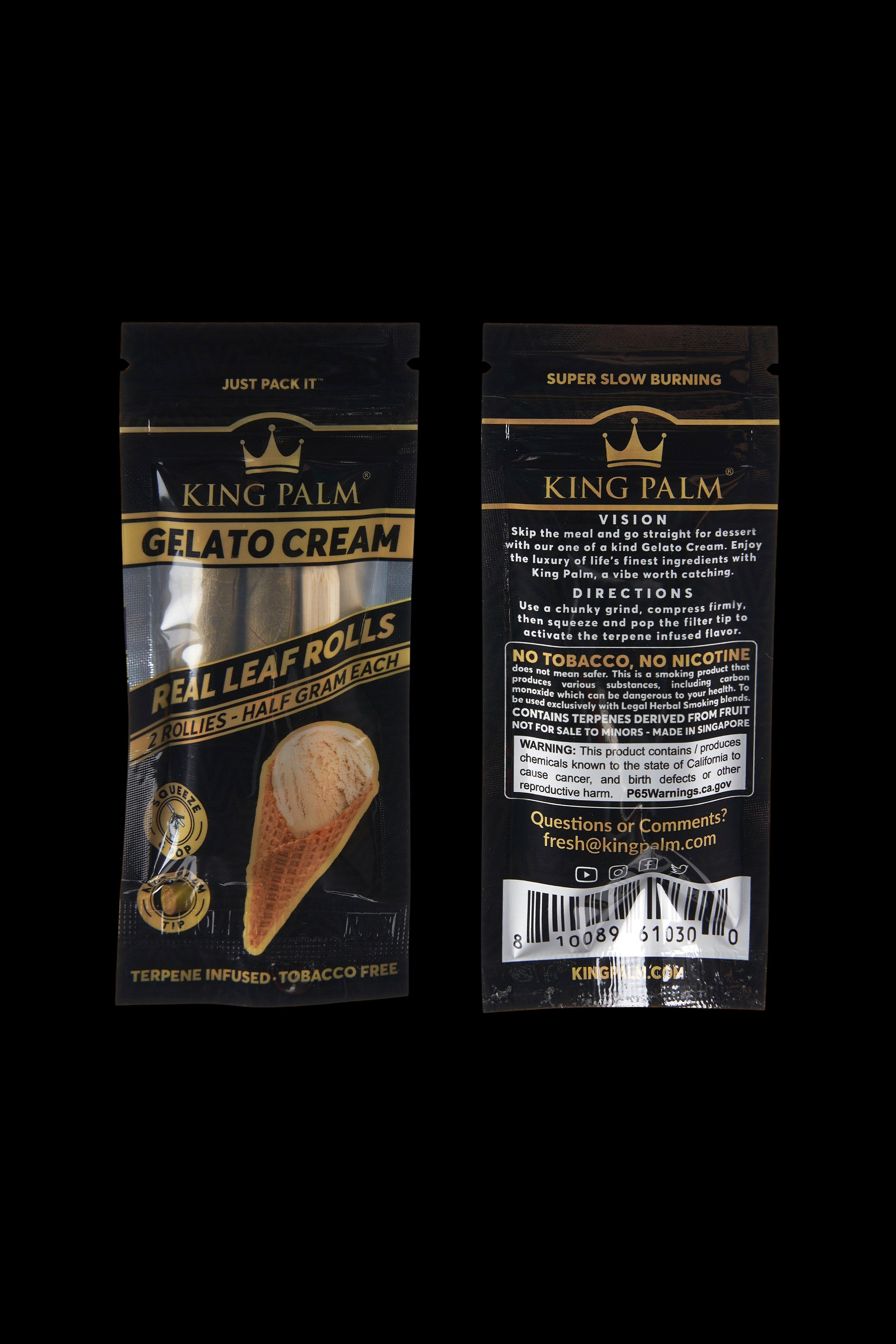 Close-up of a pack of King Palm Gelato Cream rolling papers, featuring a gold logo and text detailing the product's terpene infusion and slow-burning qualities.
