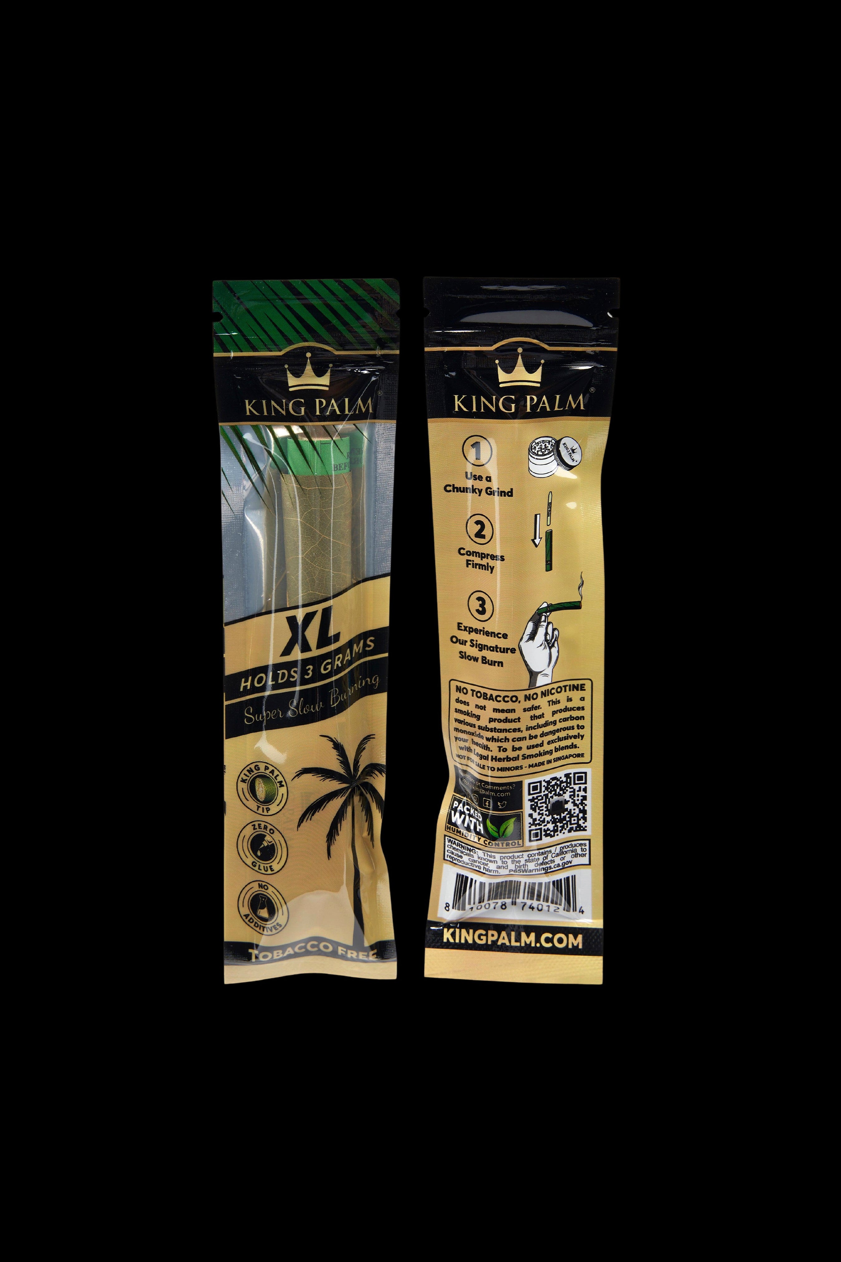 Close-up of a King Palm XL pre-rolled leaf wrap packaging, labeled "Holds 3 Grams" and "Tobacco Free."