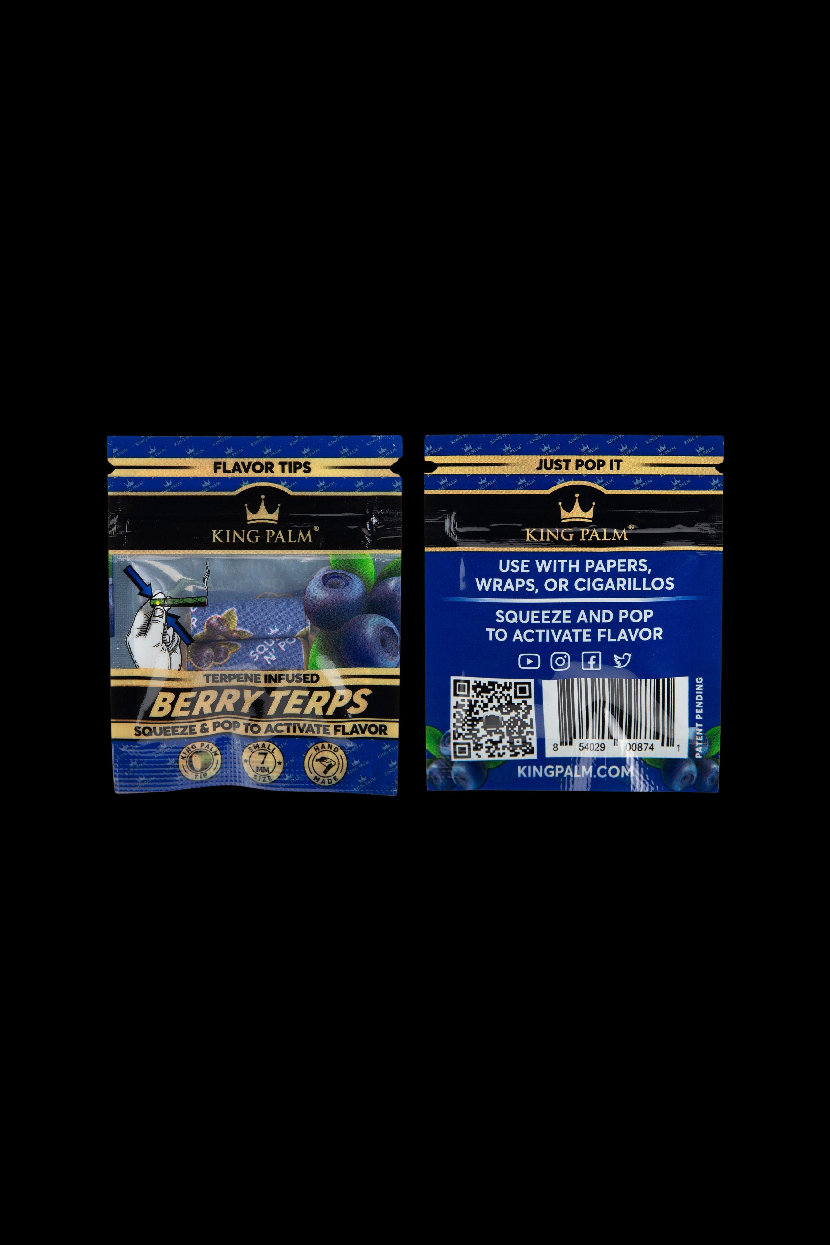 Two King Palm flavor tip packages: one labeled “Berry Terps” with a berry illustration, and the other labeled “Just Pop It” with instructions to use with papers, wraps, or cigars and activate flavor by squeezing.
