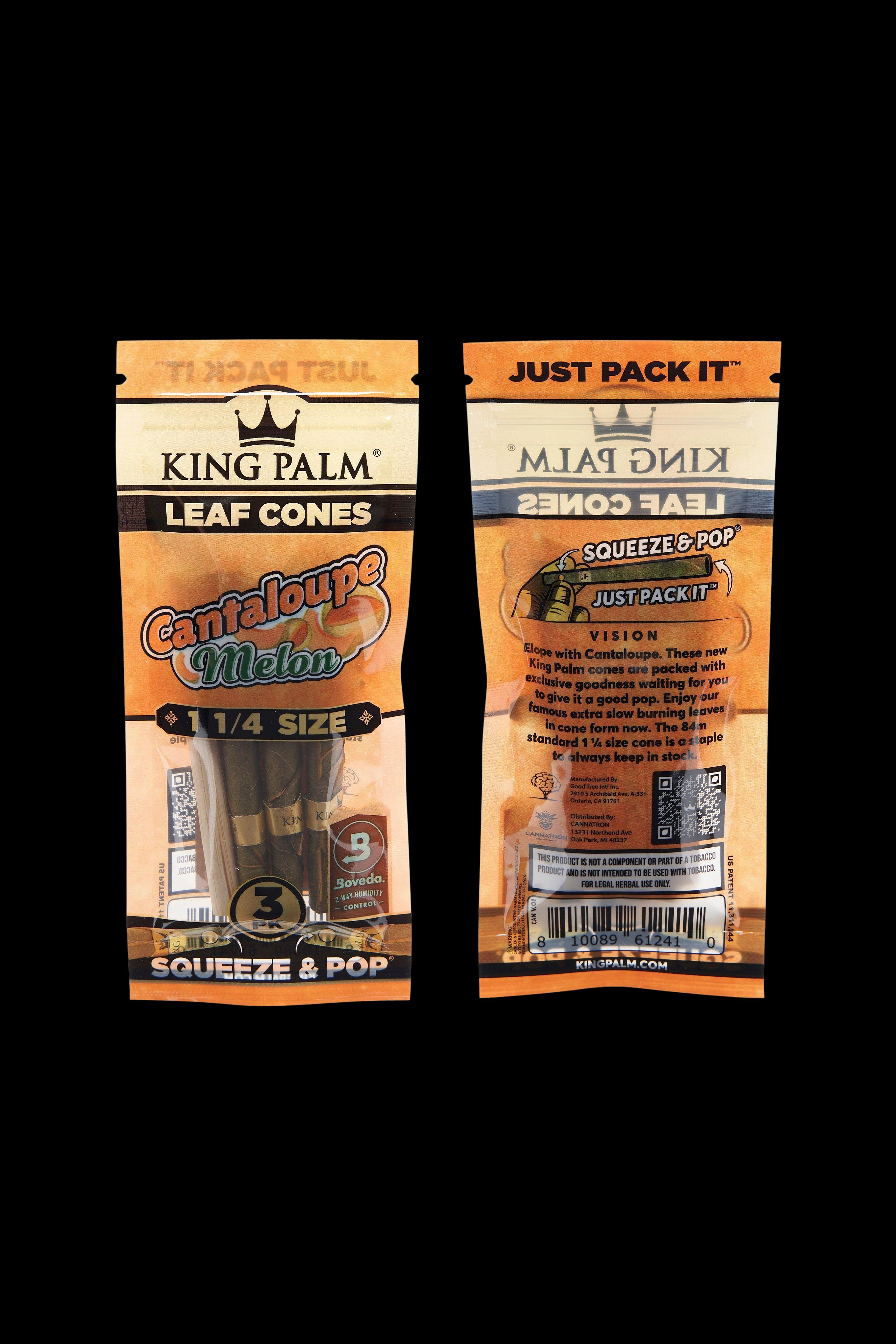 A sealed, colorful retail package of King Palm Leaf Cones in “Cantaloupe Melon” flavor, featuring a 1 ¼ size and “squeeze & pop” functionality.