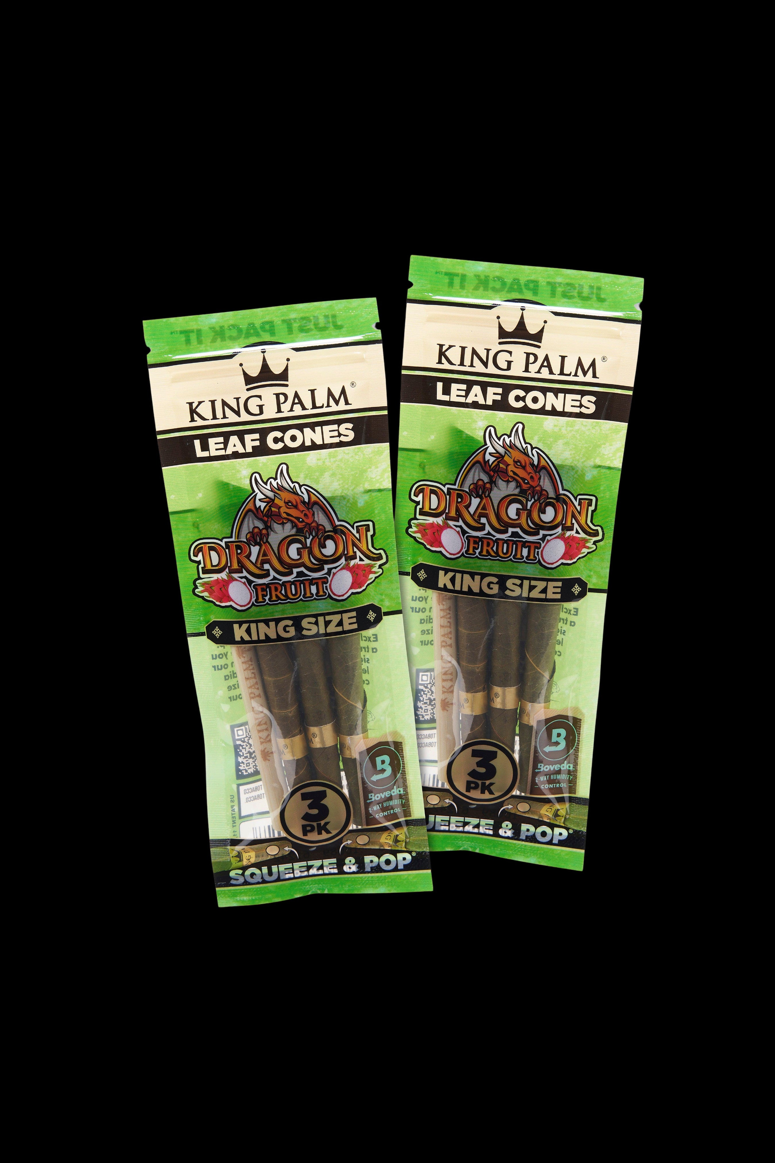 Two packages of King Palm Dragon Fruit leaf cones displayed against a black background. Each package contains three pre-rolled cones and features dragon artwork.