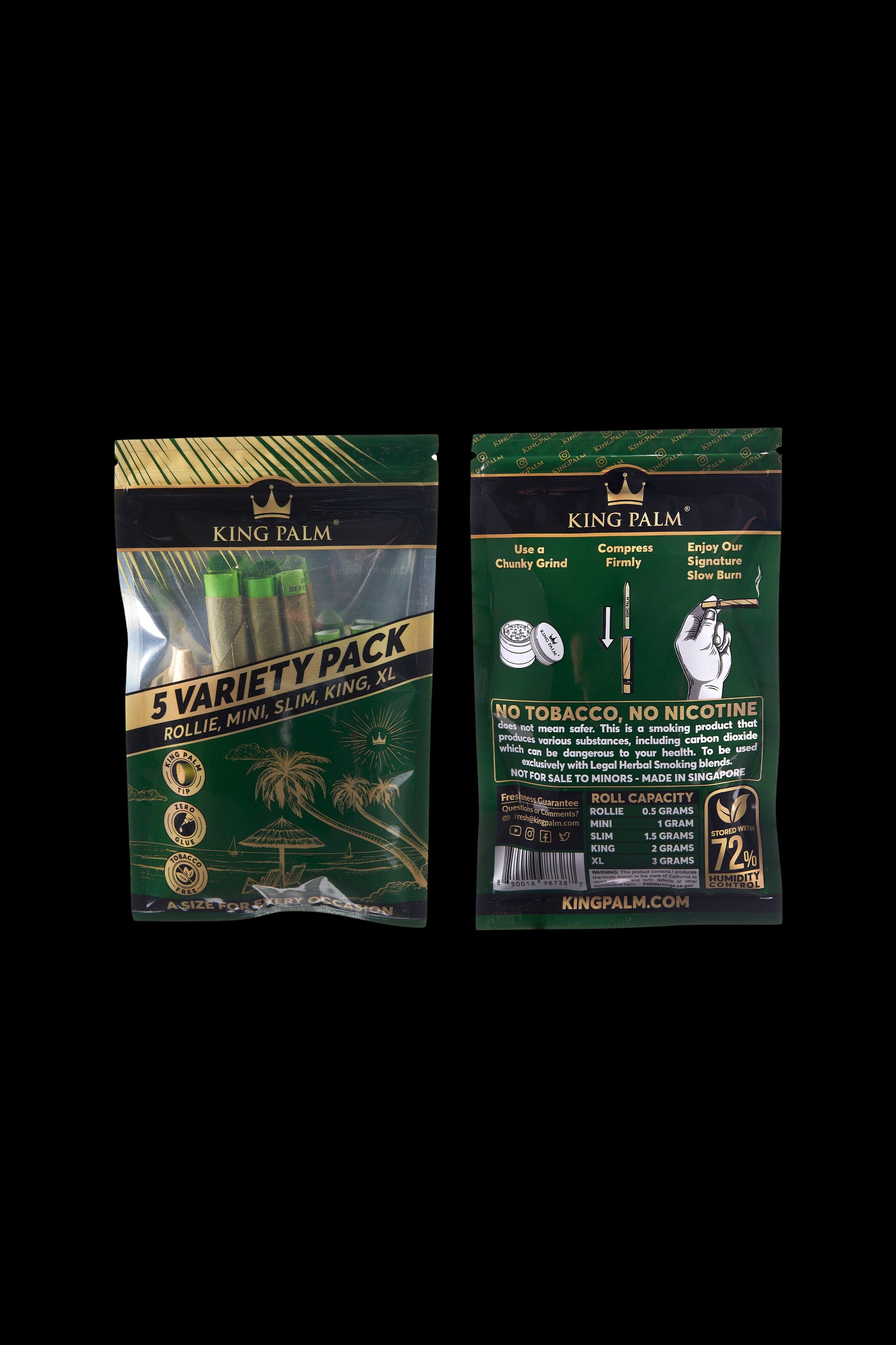 Close-up of a King Palm 5 Variety Pack of pre-rolled leaf wraps, showcasing different sizes and a “No Tobacco, No Nicotine” disclaimer.