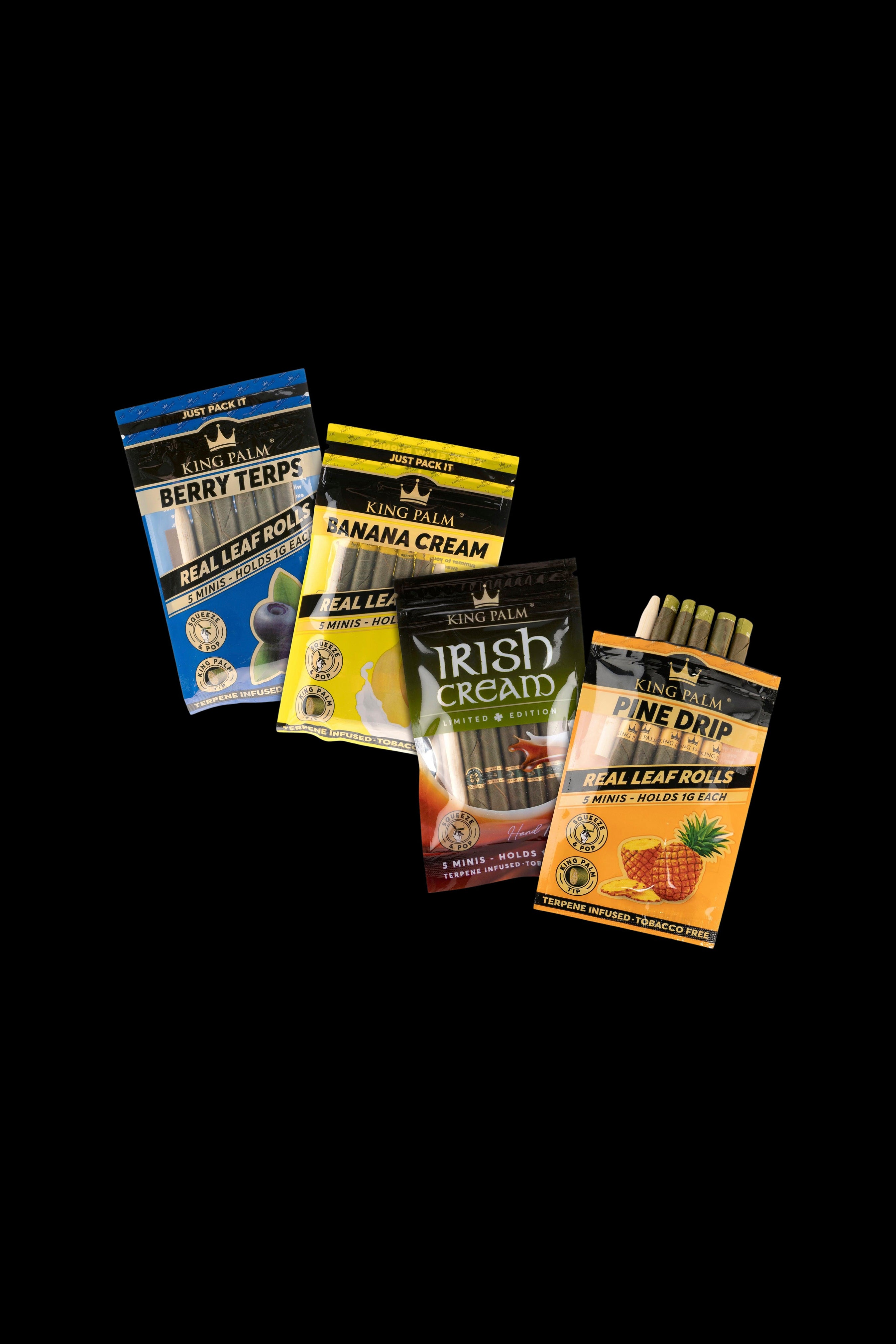 Assorted King Palm pre-rolled wraps in flavors like Berry Terps, Banana Cream, Irish Cream, and Pineapple, stacked against a dark background. Each package indicates "Real Leaf Rolls" and "Terpene Infused – Tobacco Free."