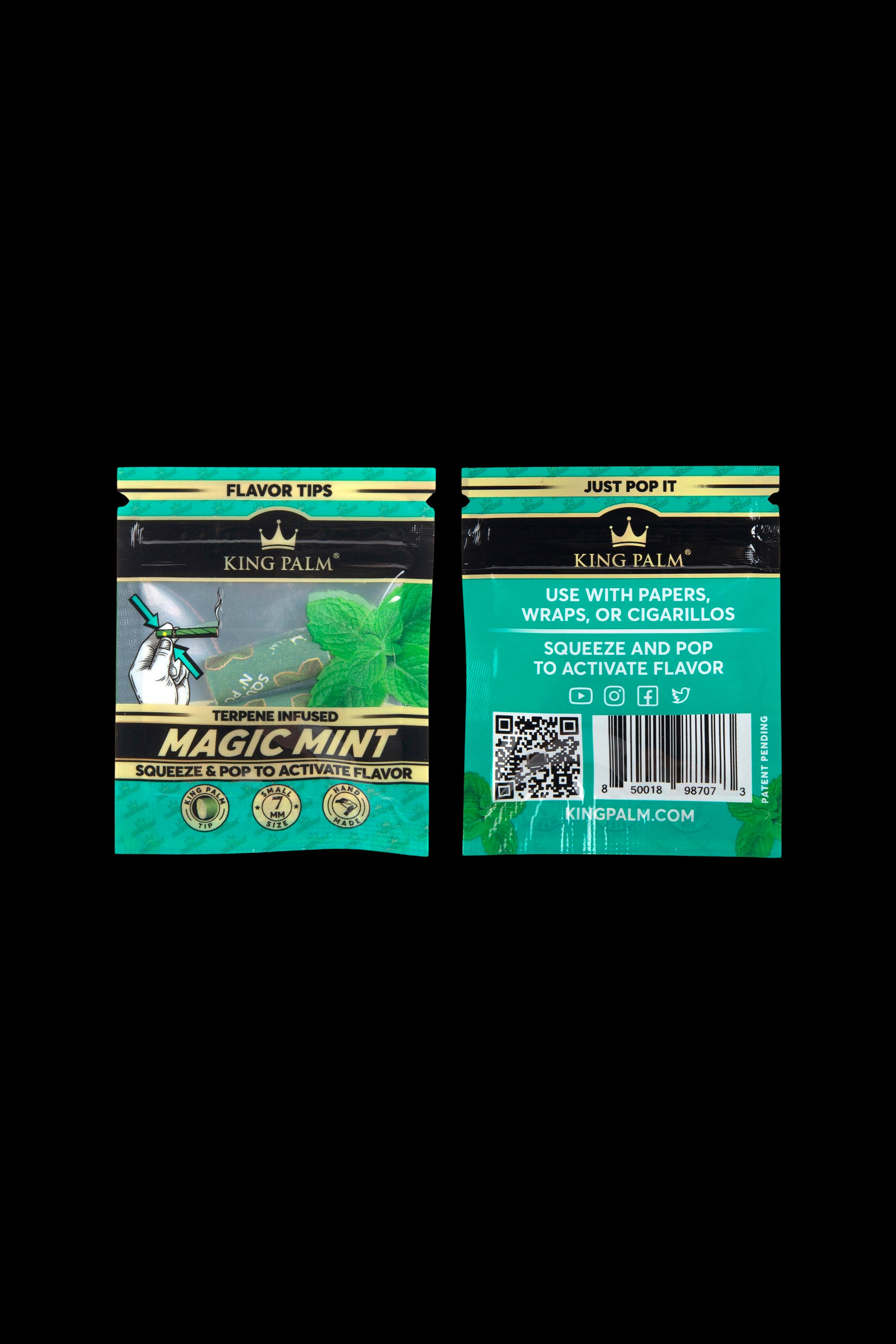 Two packets of King Palm Magic Mint terpene-infused flavor tips for use with papers, wraps, or cigarillos, featuring green and black packaging with instructions to “squeeze & pop” to activate flavor.