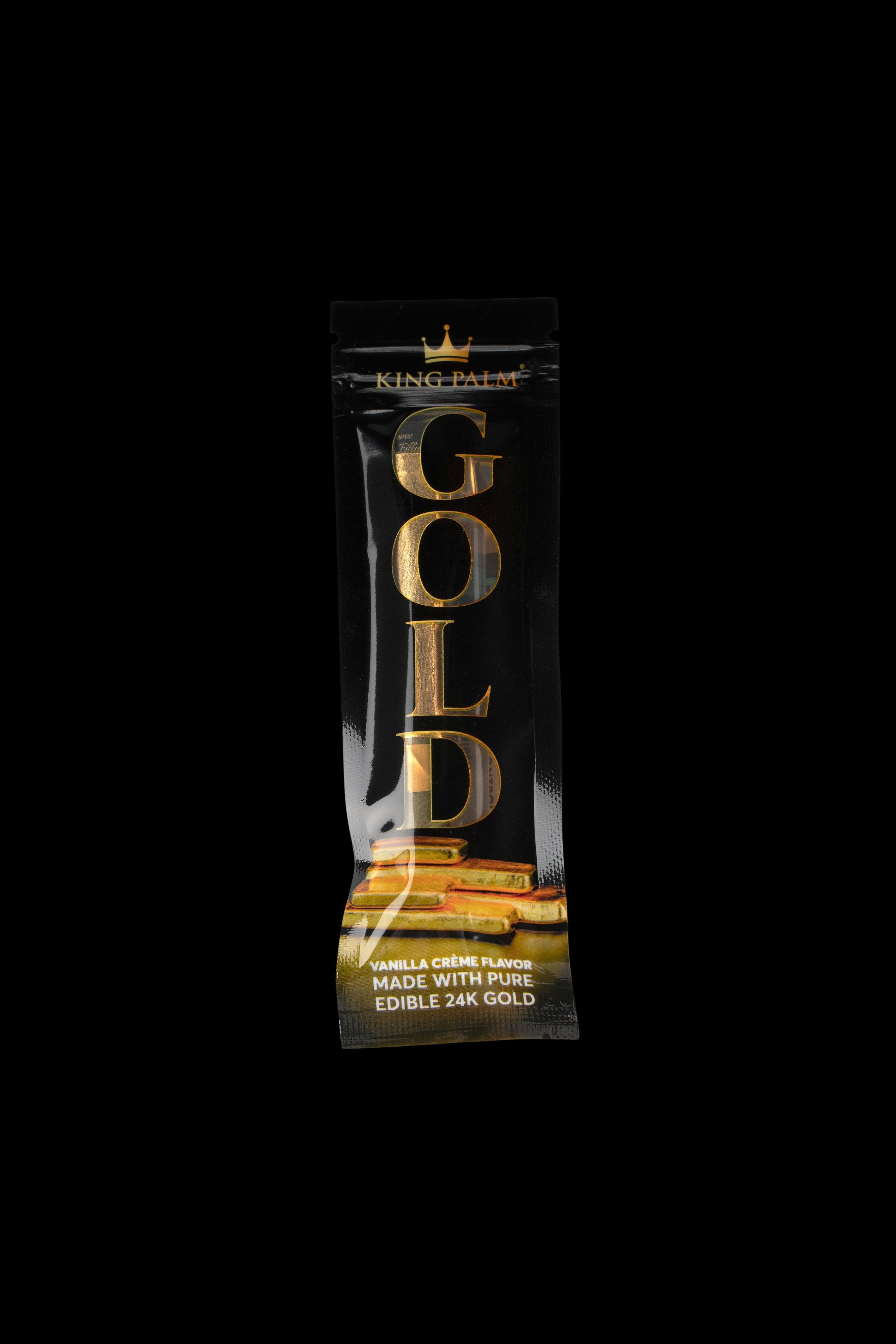 Gold foil-wrapped cannabis edible labeled “King Palm” and “Vanilla Crème” with 24k gold.