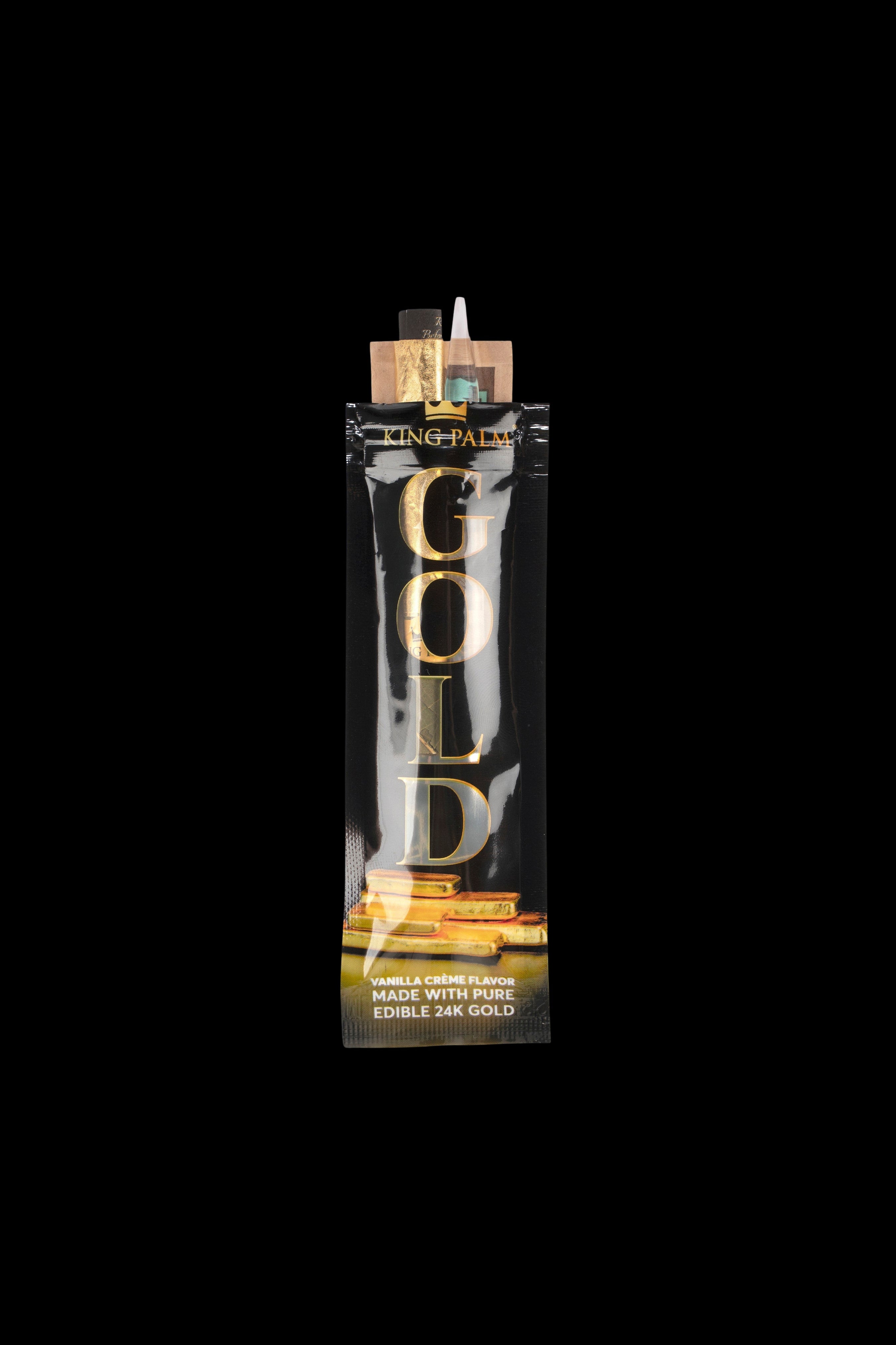 Gold King Palm pre-rolled cone with visible gold lettering and packaging details indicating “Vanilla Crème Flavor” and “Edible 24K Gold.”