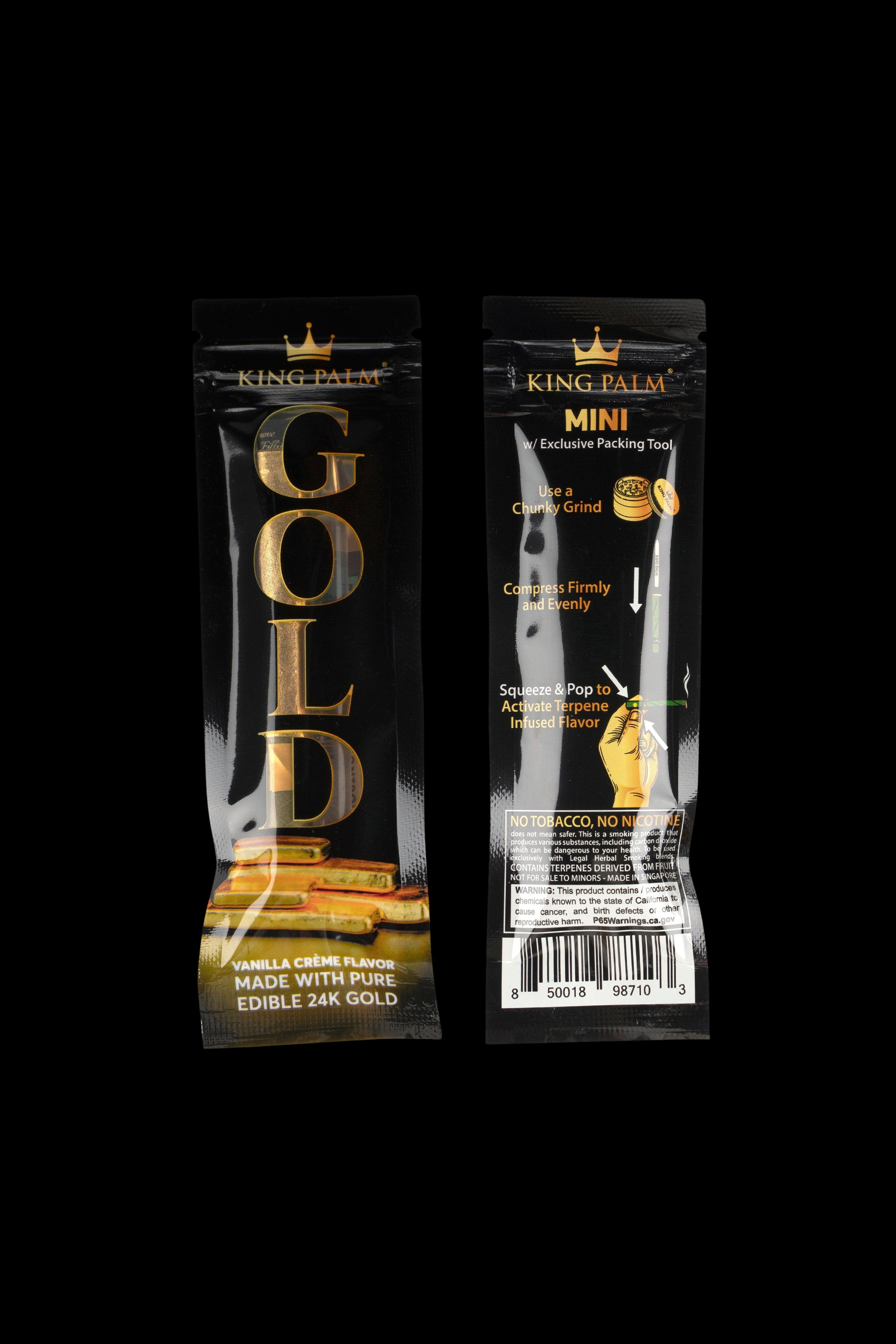Close-up of a gold foil pouch for “King Palm Mini” pre-rolled cones, advertising vanilla crème flavor and edible 24k gold, with instructions for use and cannabis warning labels.