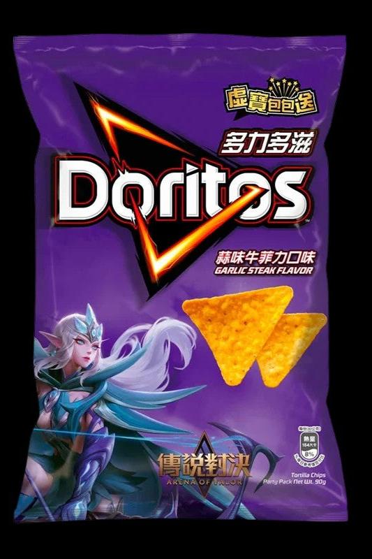 A bag of Doritos Garlic Steak flavored tortilla chips featuring League of Legends character Ahri in a promotional design.