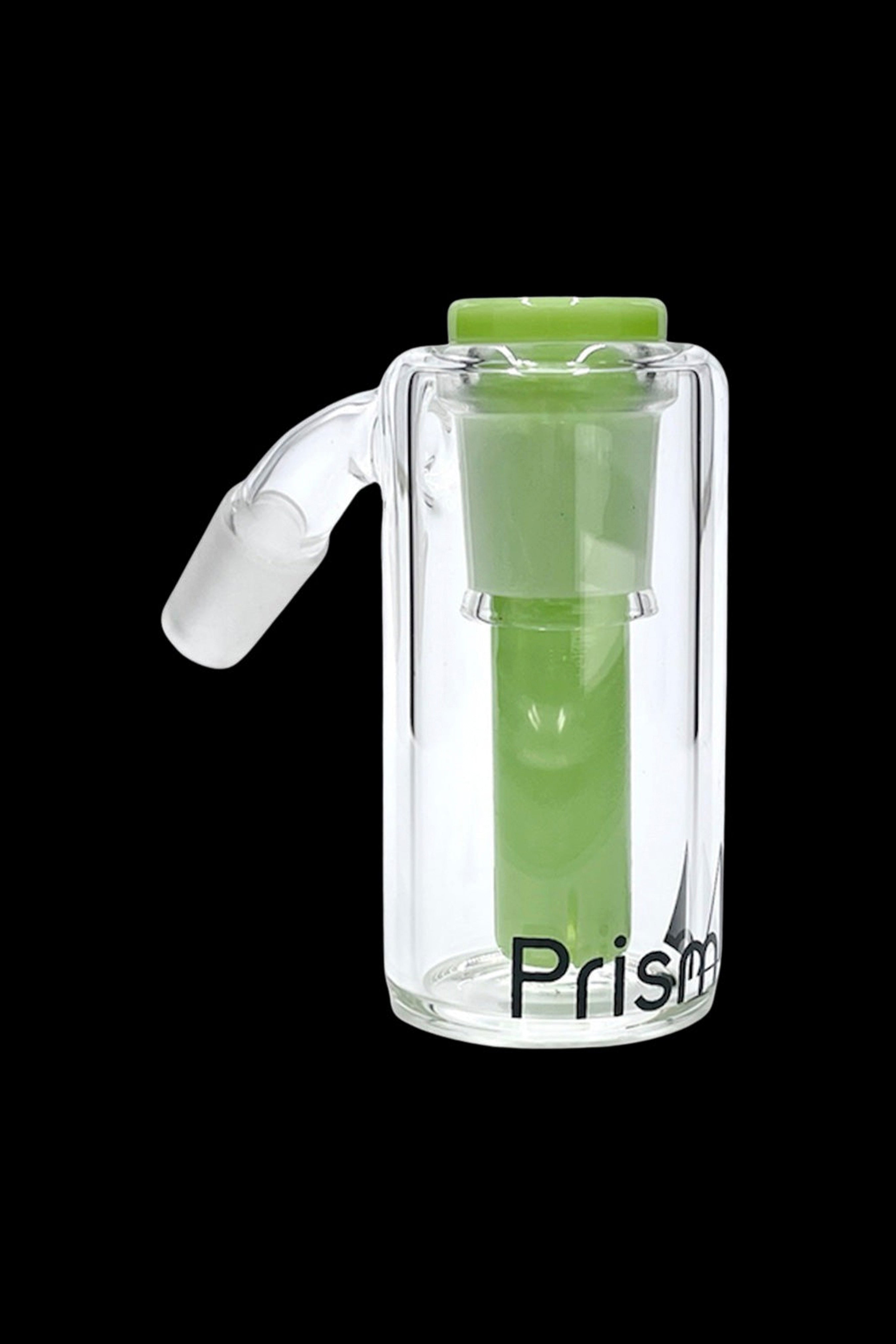 Clear glass bubbler water pipe with green accents and the brand name "Prism" printed on the side.