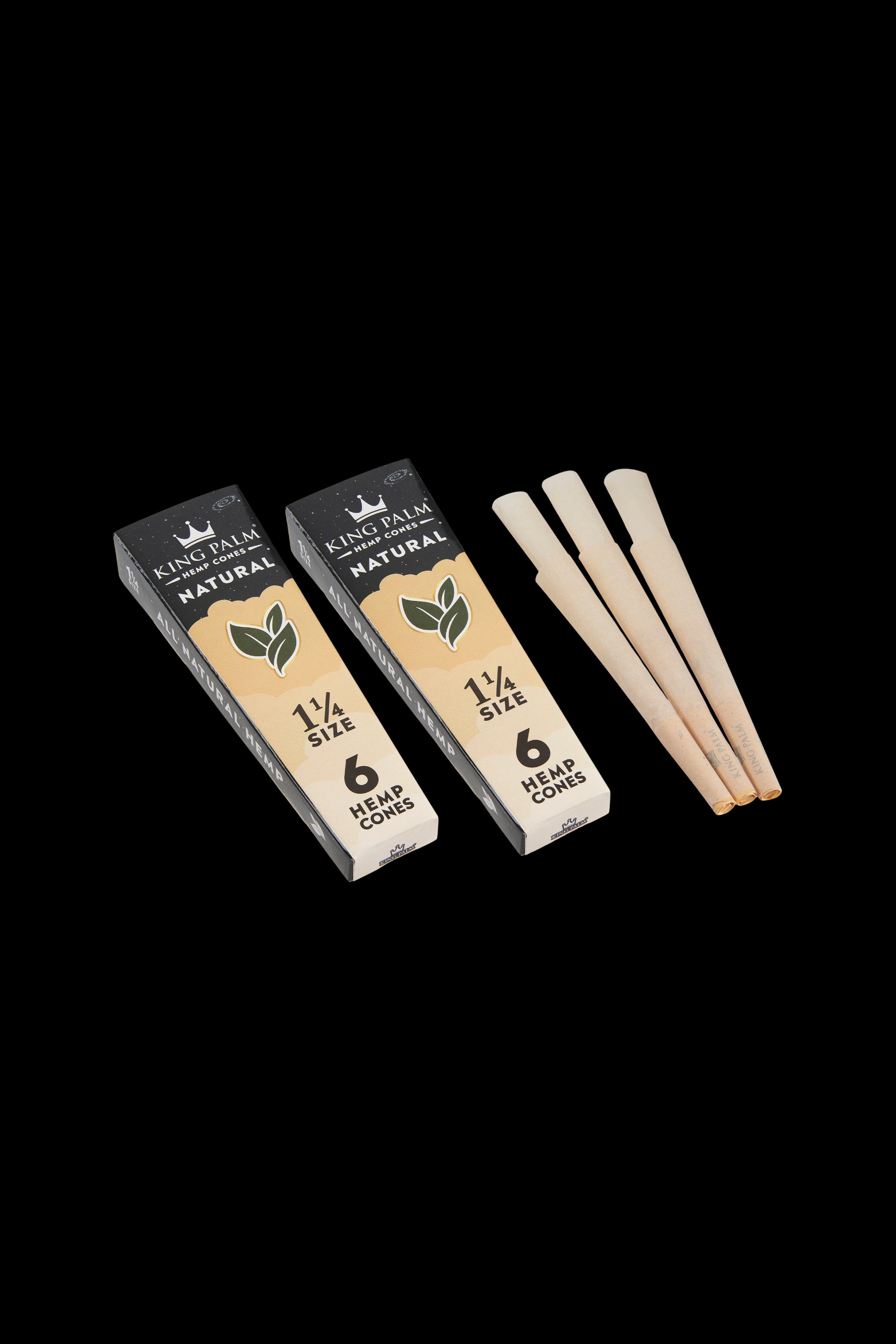 Two packs of King Palm natural hemp cones alongside six pre-rolled, unlit cones.