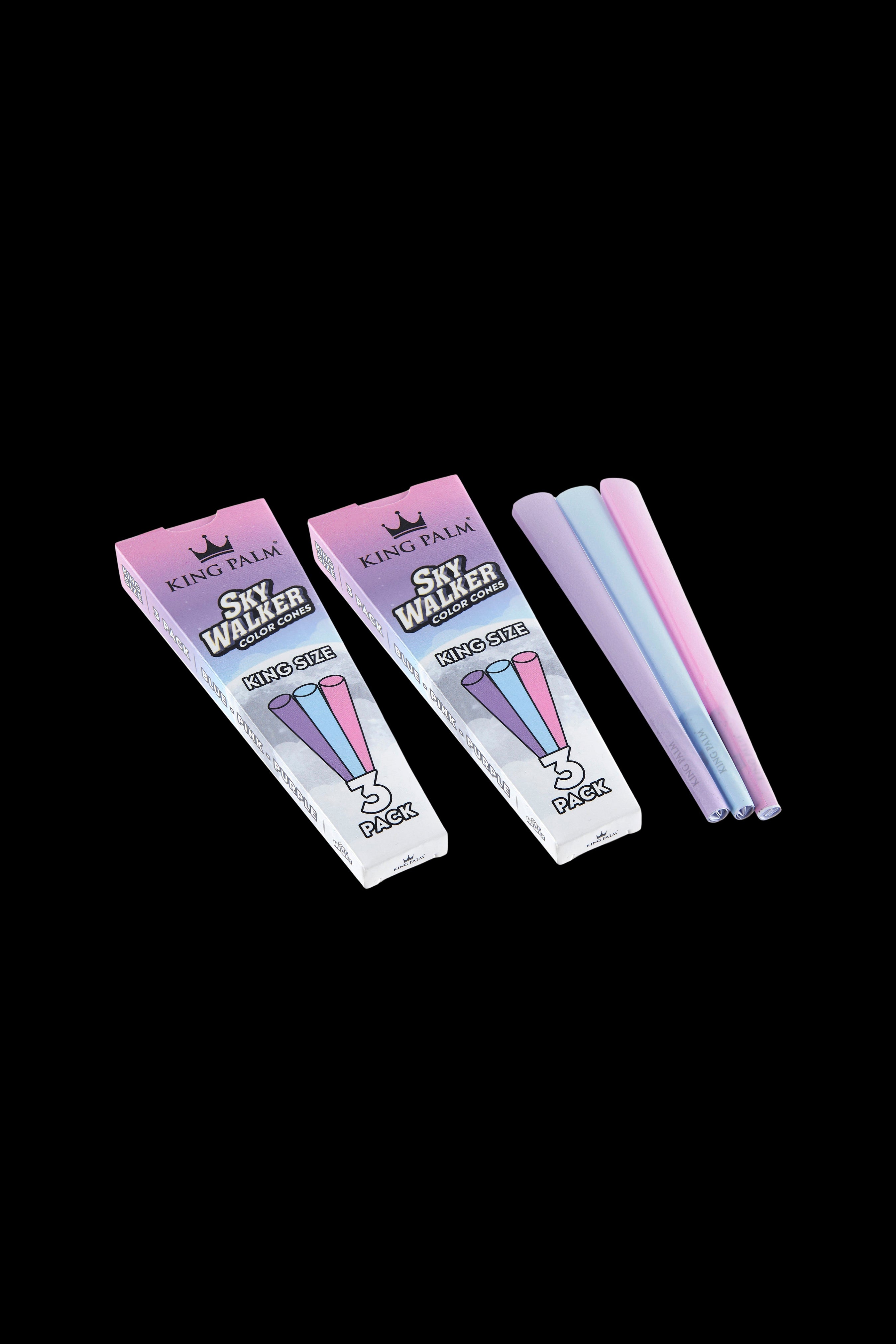 Two packs of King Palm Sky Walker pre-rolled cones in shades of pink and blue against a black background.