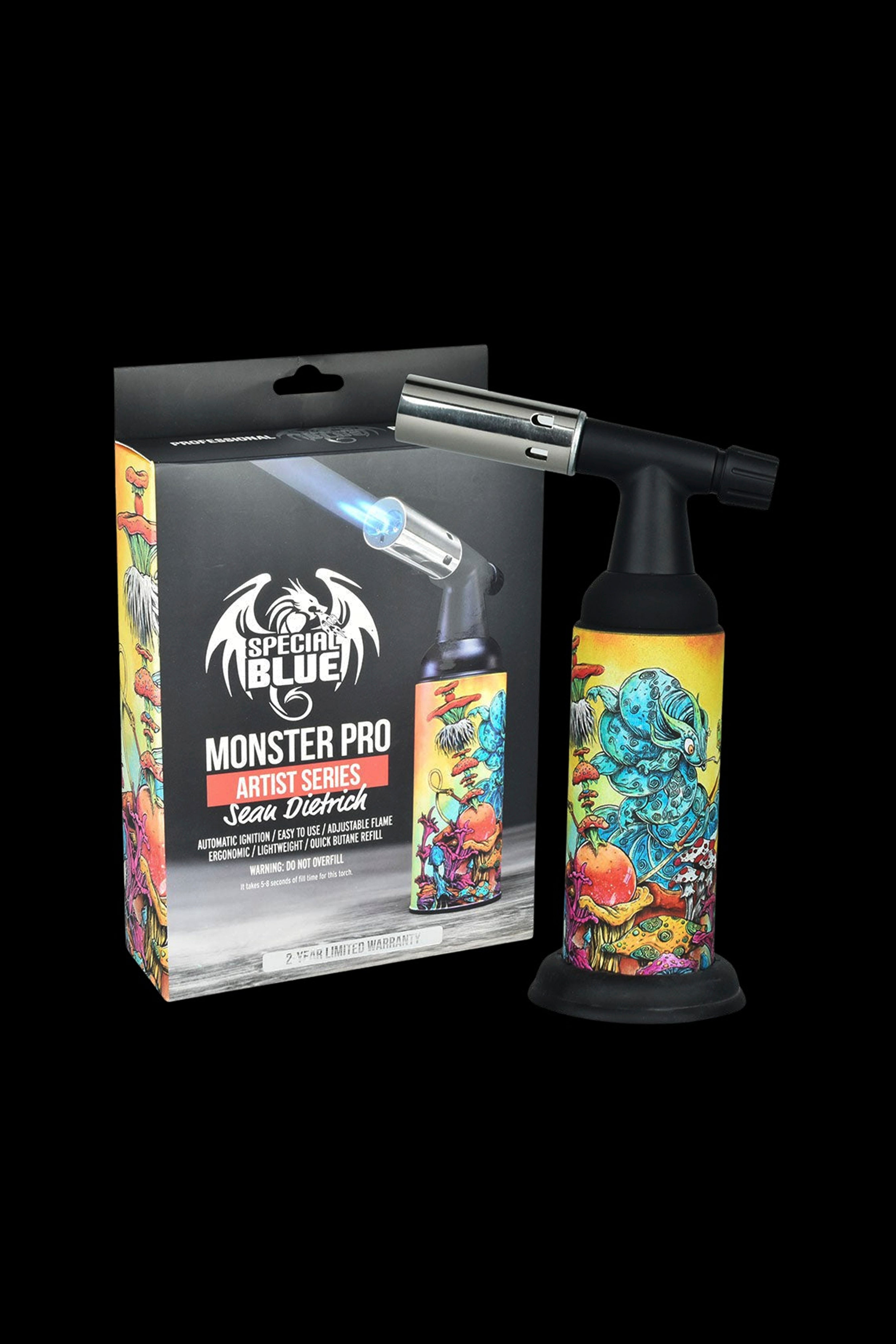 Special Blue Monster Pro butane torch lighter in artist series packaging.