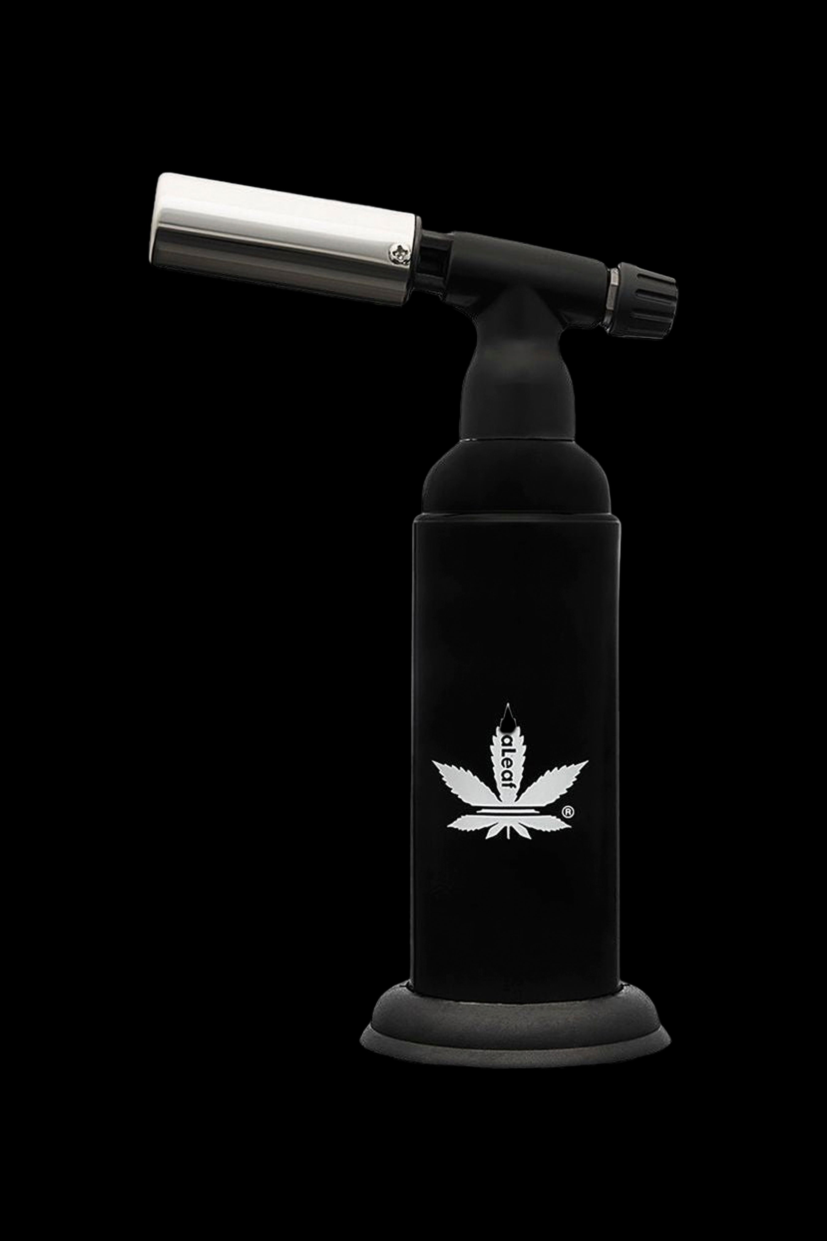Black butane torch with a white cannabis leaf logo.