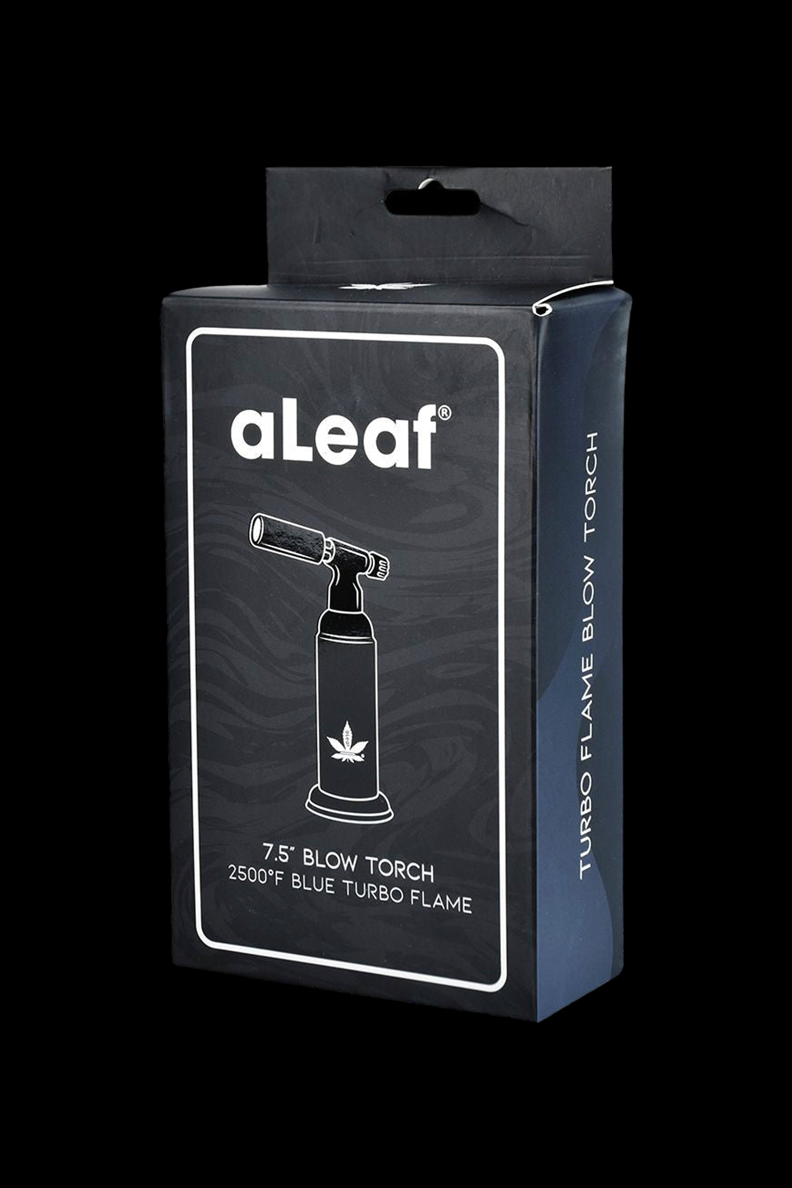 A packaged aLeaf 7.5” turbo blow torch with a cannabis leaf logo, marketed for use with concentrates.