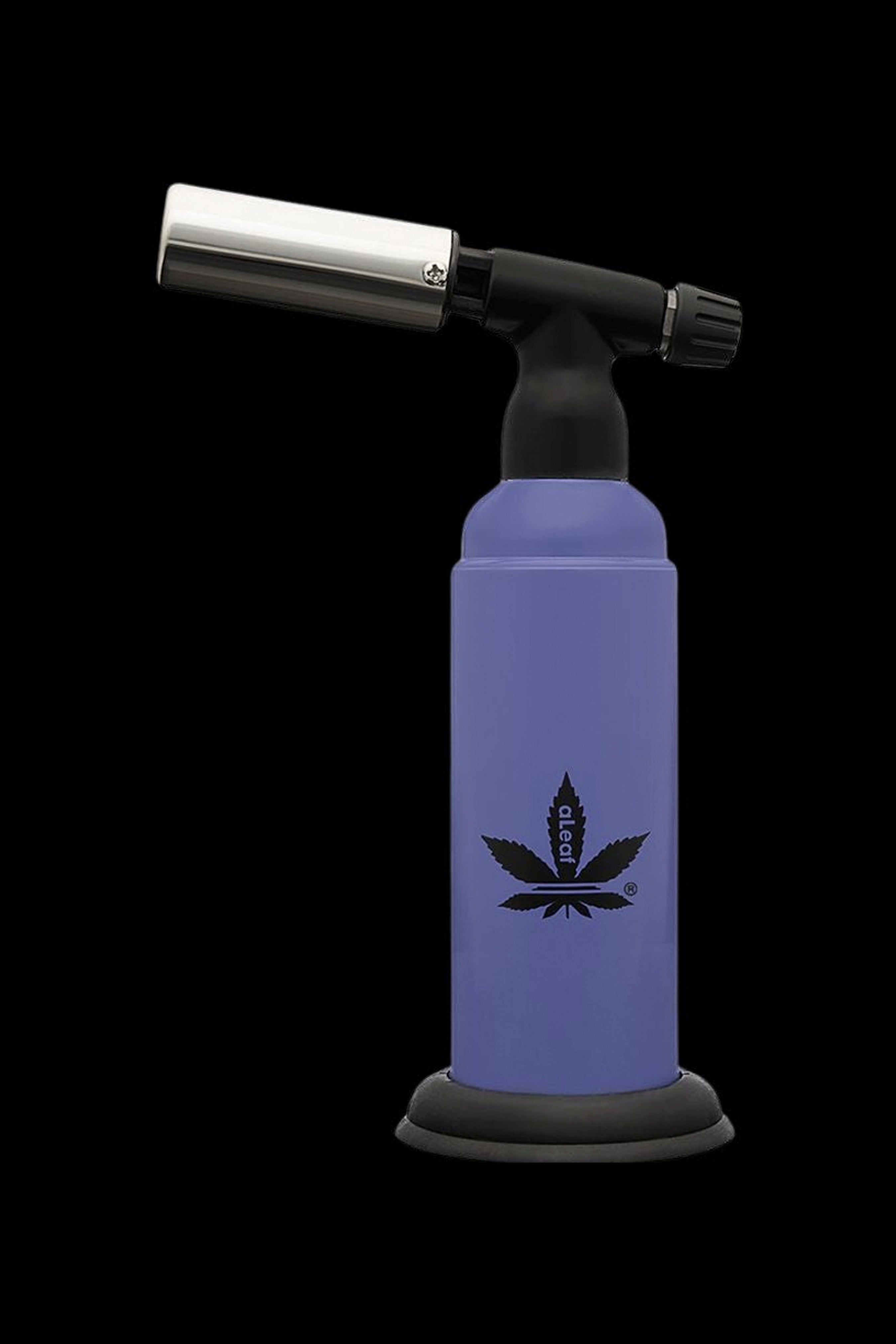 Purple butane torch with cannabis leaf logo.
