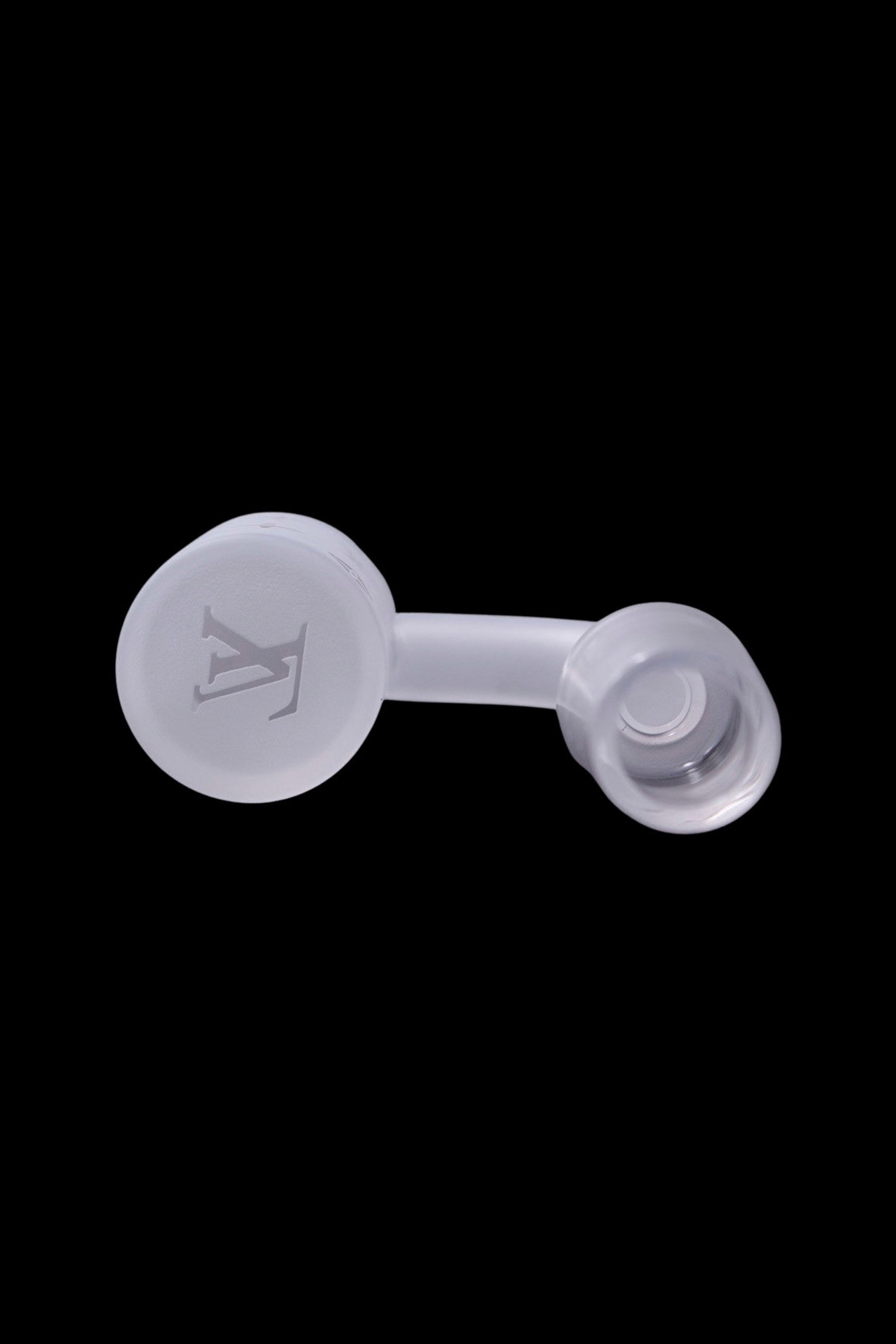 Clear glass pipe with a branded logo, isolated on a black background.