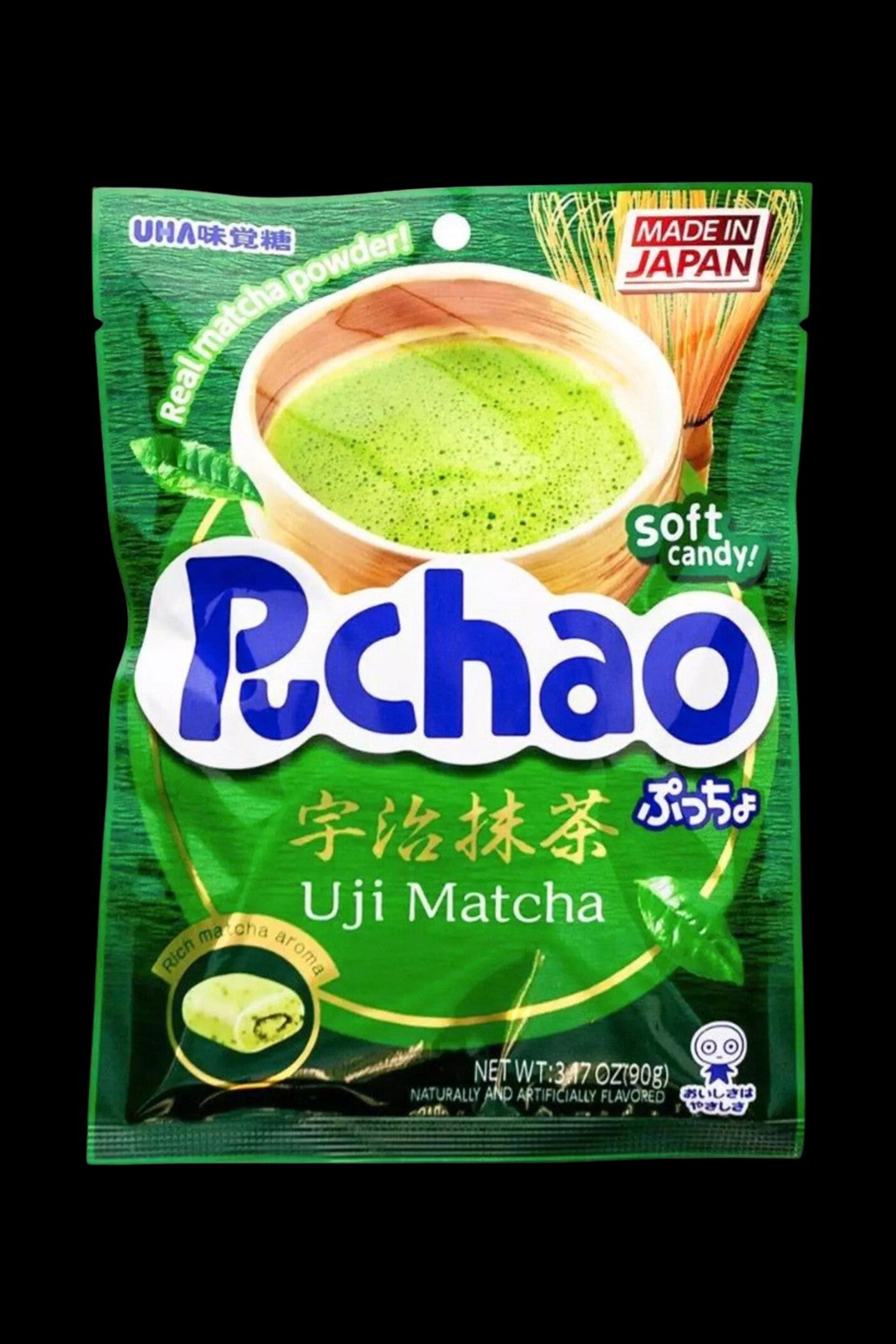 Pouch of “Pchao” Uji Matcha soft candy, likely a cannabis-infused edible, with Japanese text and branding.