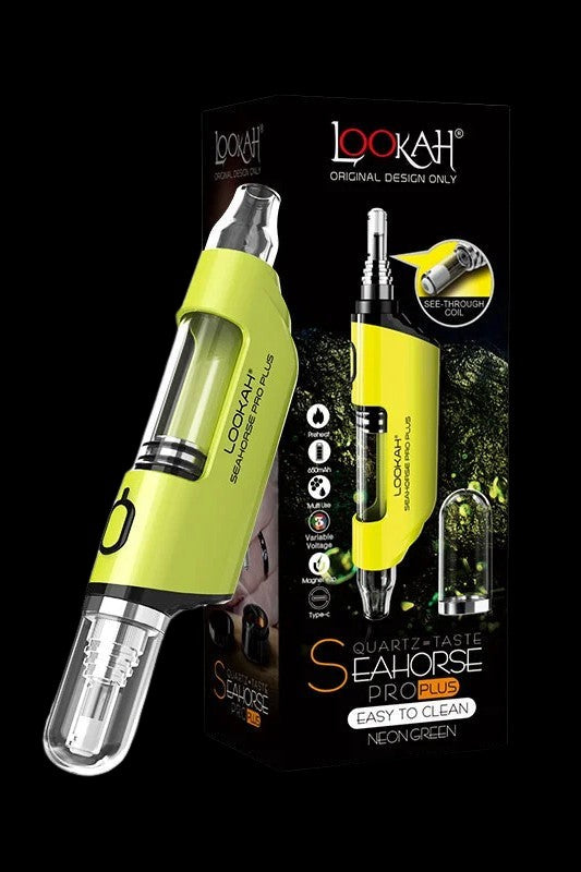 Neon green Lookah Seahorse Pro Plus dab pen with quartz coil, showcasing features like variable voltage and easy cleaning.