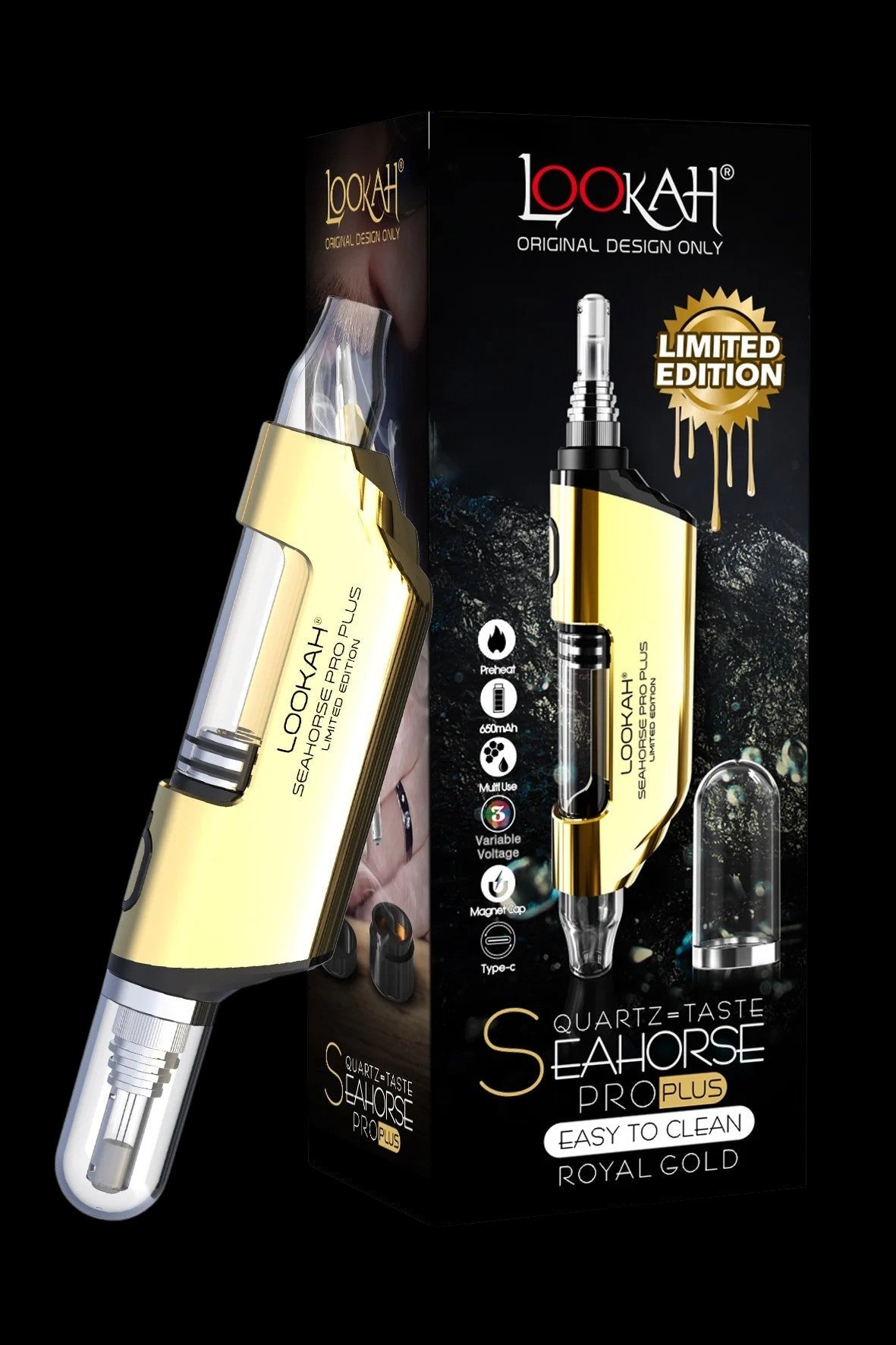 Royal gold “Lookah Seahorse Pro Plus” dab pen with quartz tip, featuring variable voltage and magnetic cap, displayed with packaging and limited edition branding.