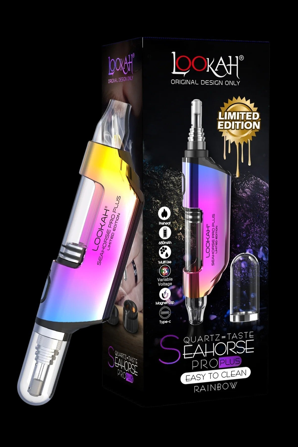 A product box for the limited edition “Lookah Seahorse Pro Plus” cannabis concentrate vaporizer, featuring a rainbow-colored device with a quartz taste atomizer and a magnetic cap.