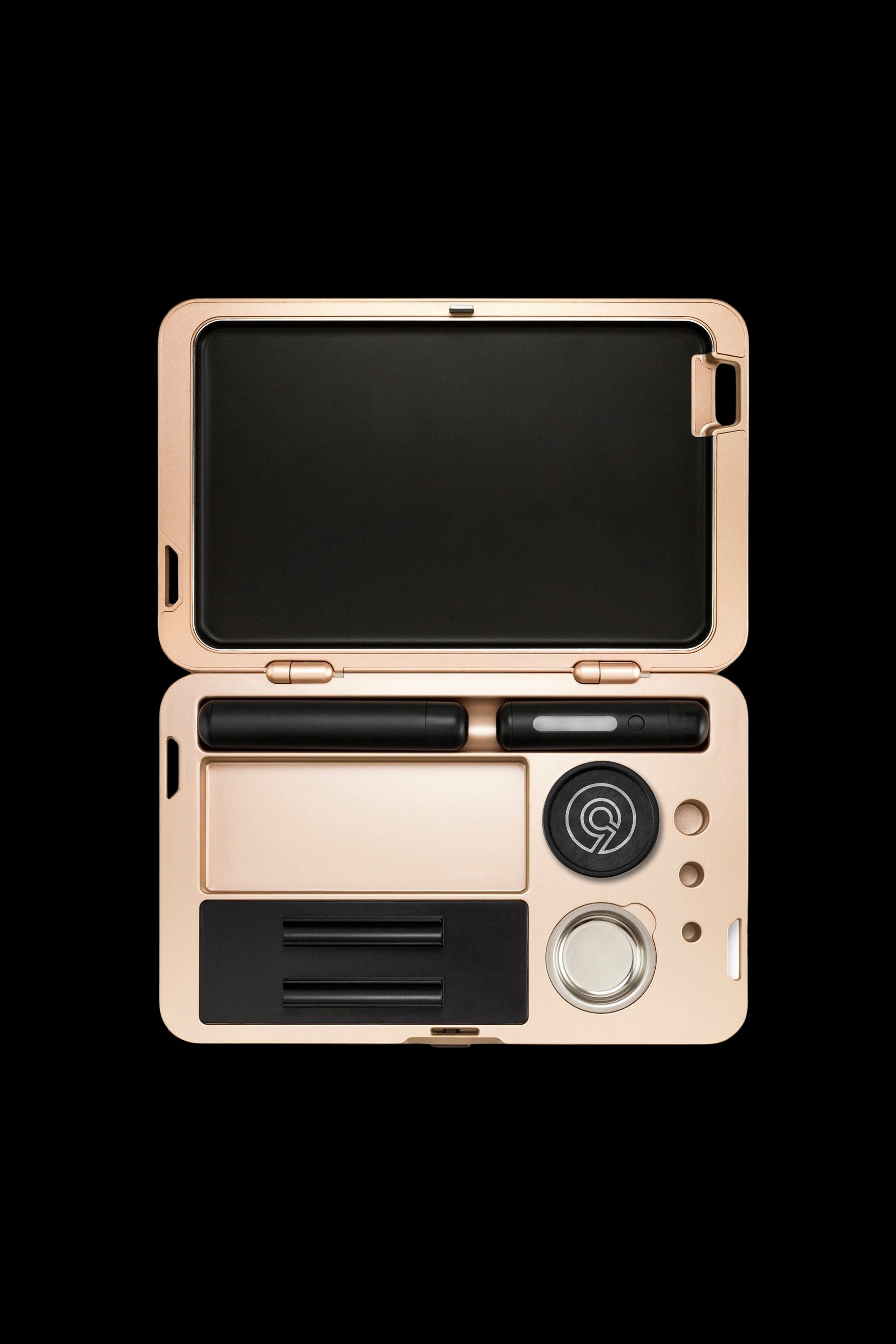 Gold cannabis storage case open, displaying compartments for a vape pen, cartridges, and tools.