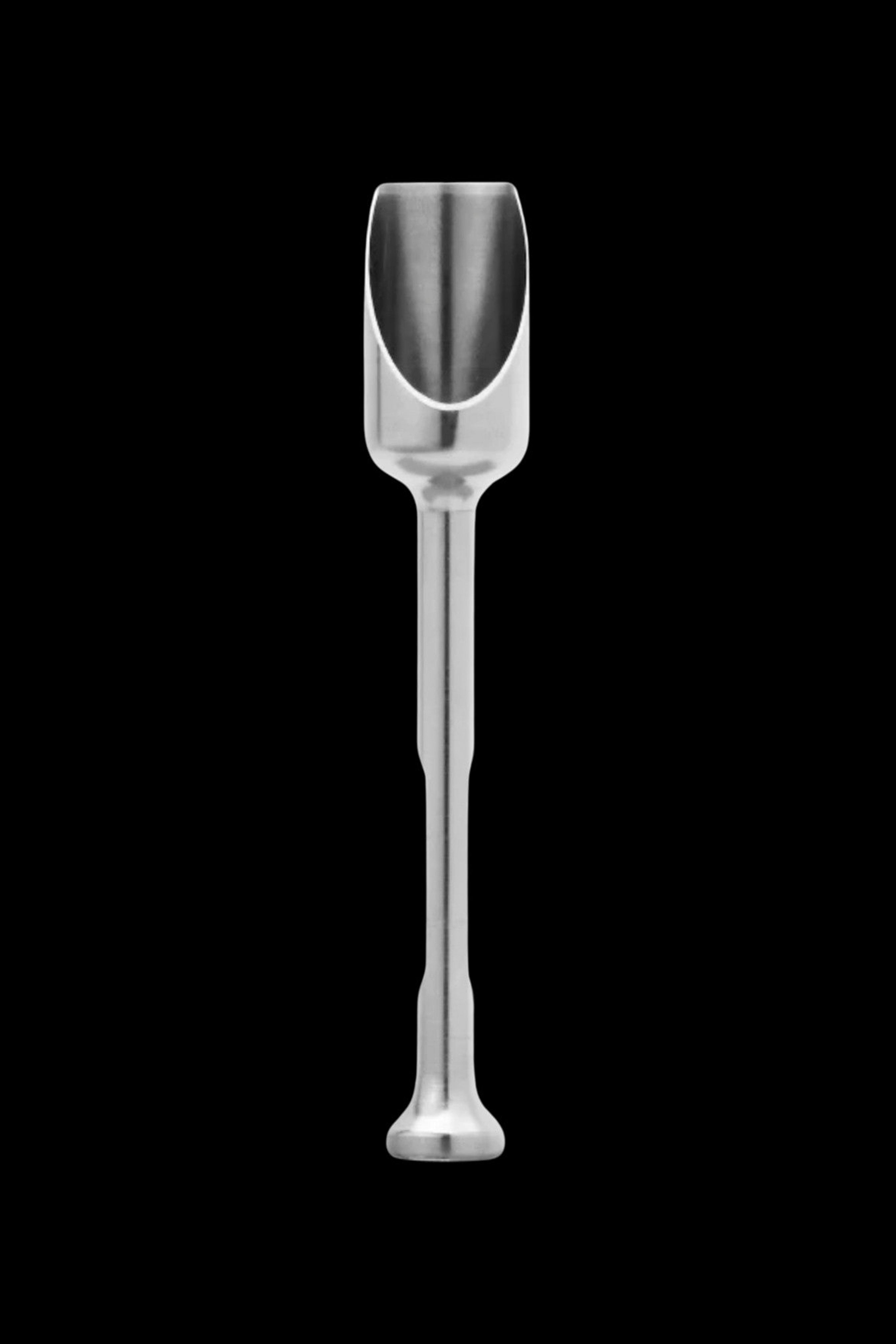Silver cannabis dab tool with a scoop end and long stem, isolated on black.
