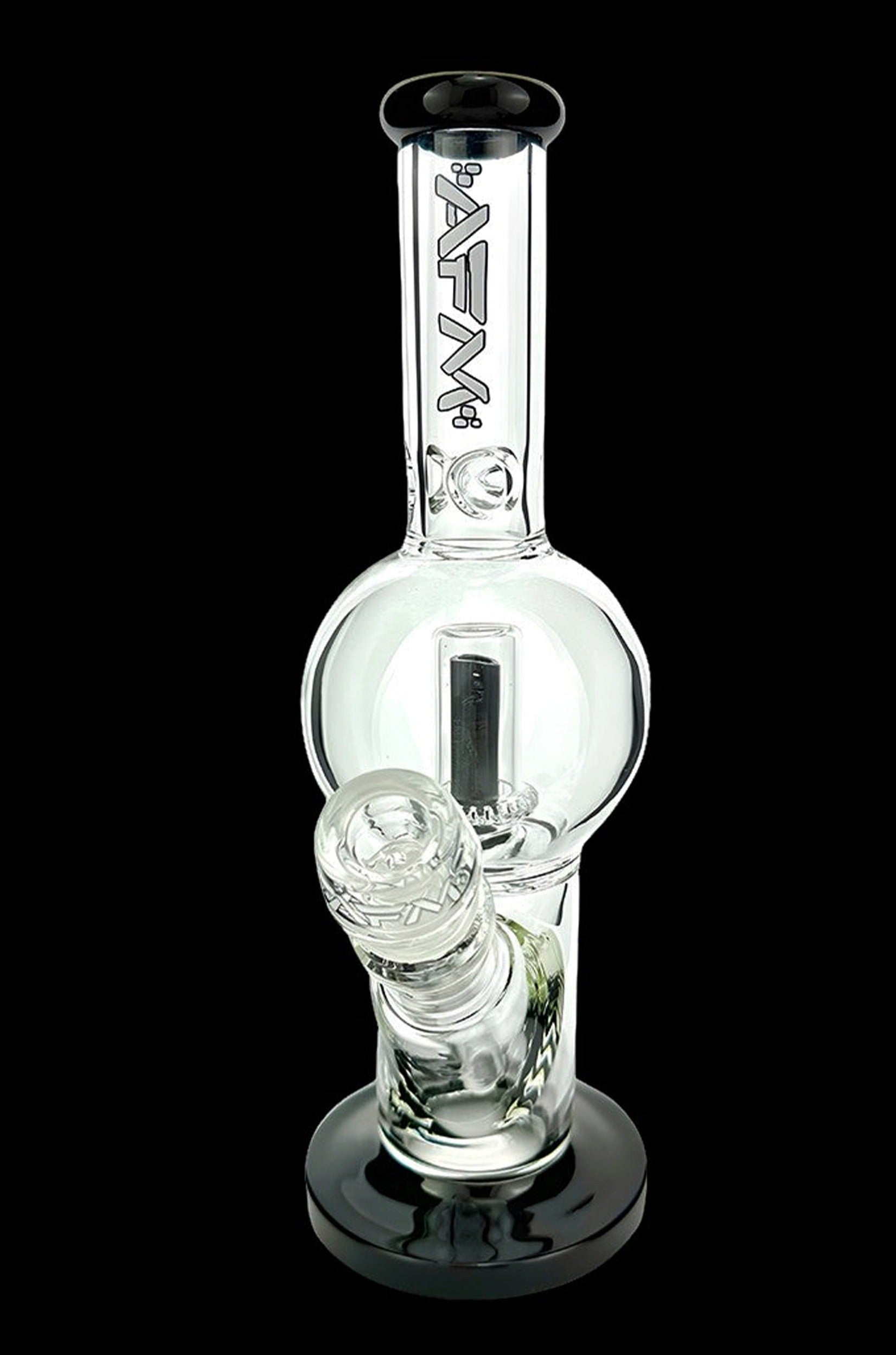 Clear glass water pipe (bong) with ice catcher and branded logo, isolated on black.