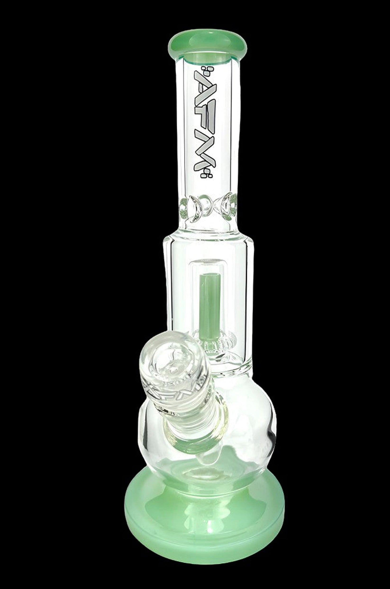 Green glass water pipe (bong) with bubbler and intricate design.