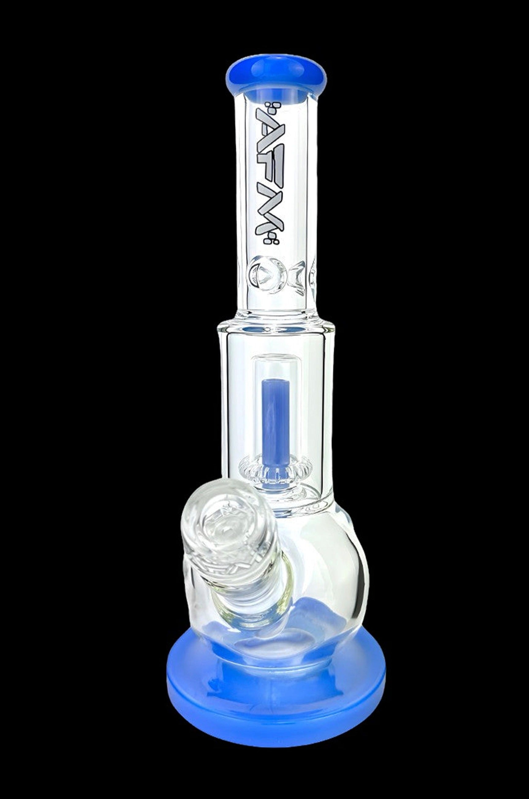 Blue glass water pipe (bong) for cannabis use.