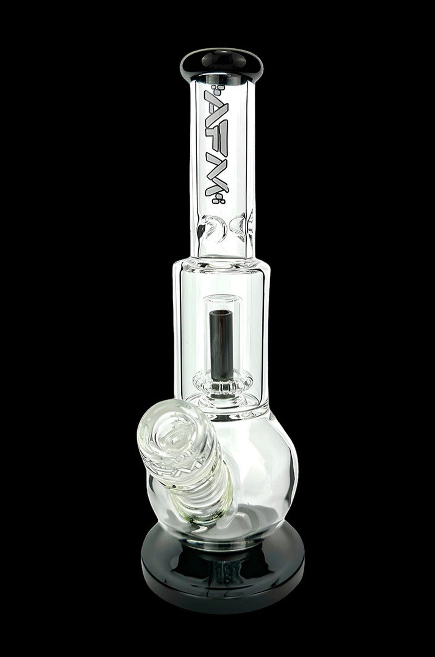 Clear glass water pipe (bong) with black accents and a spherical base, studio shot.