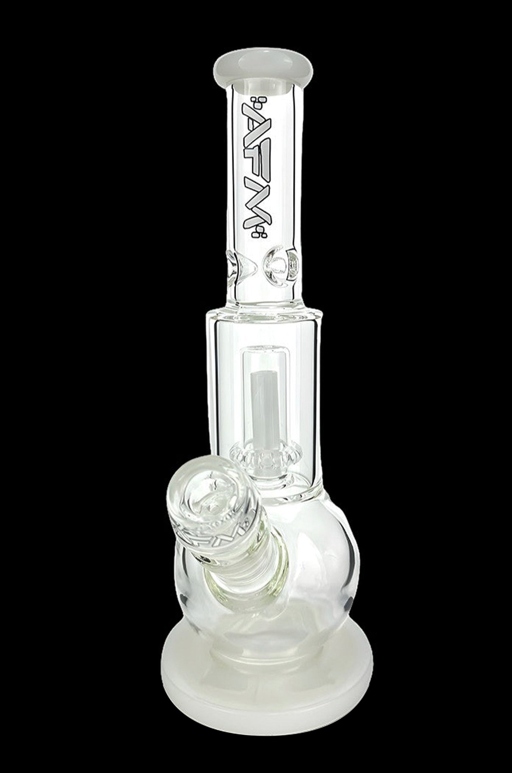 Clear glass water pipe (bong) with percolator and branded logo, isolated on a black background.