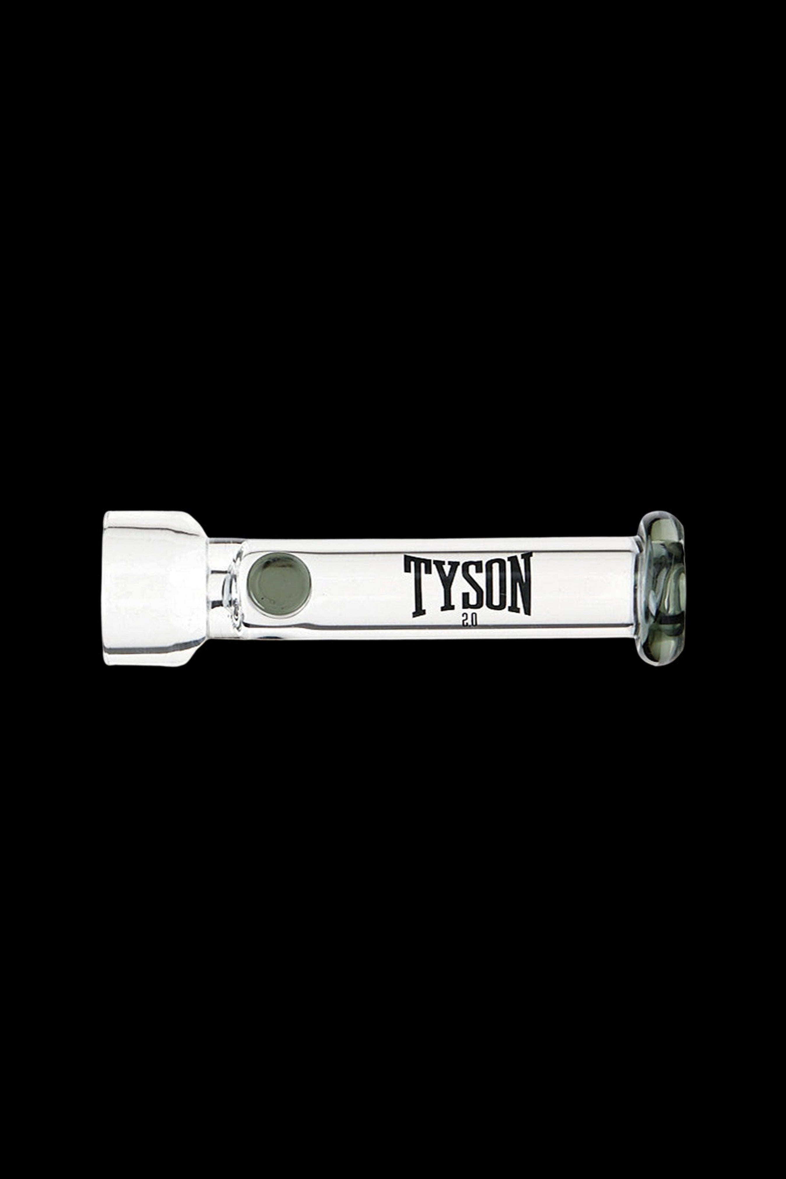 Silver glass pipe with "TYSON 2.0" printed on the side, isolated on a black background.