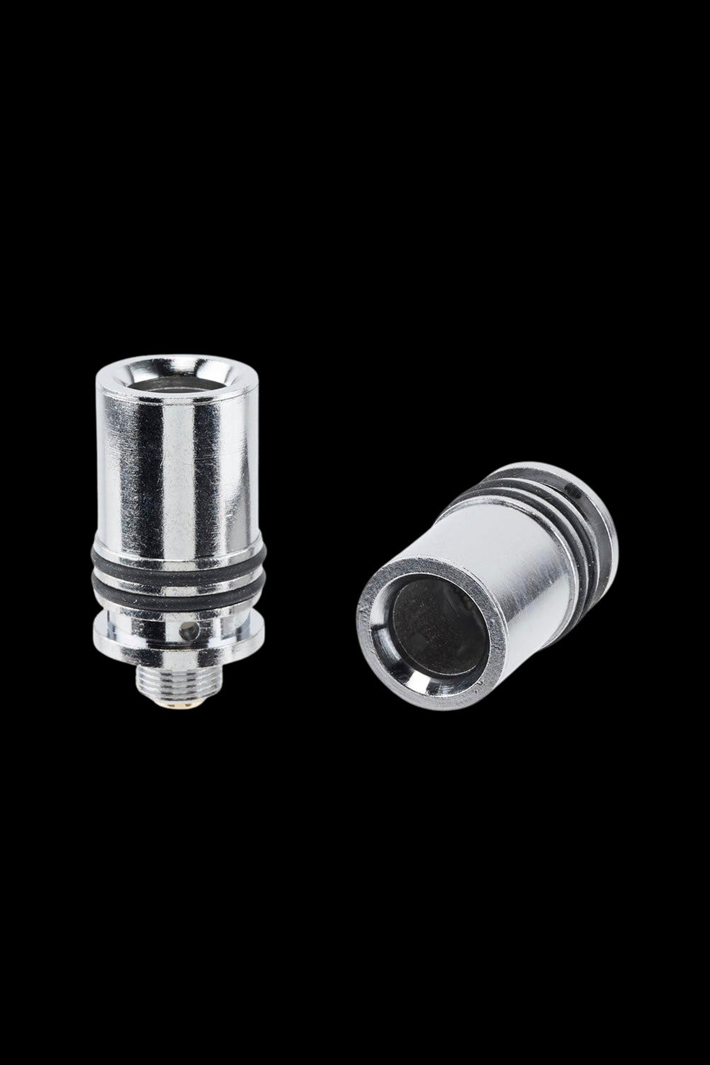 Silver cannabis oil vape cartridge components on a black background.