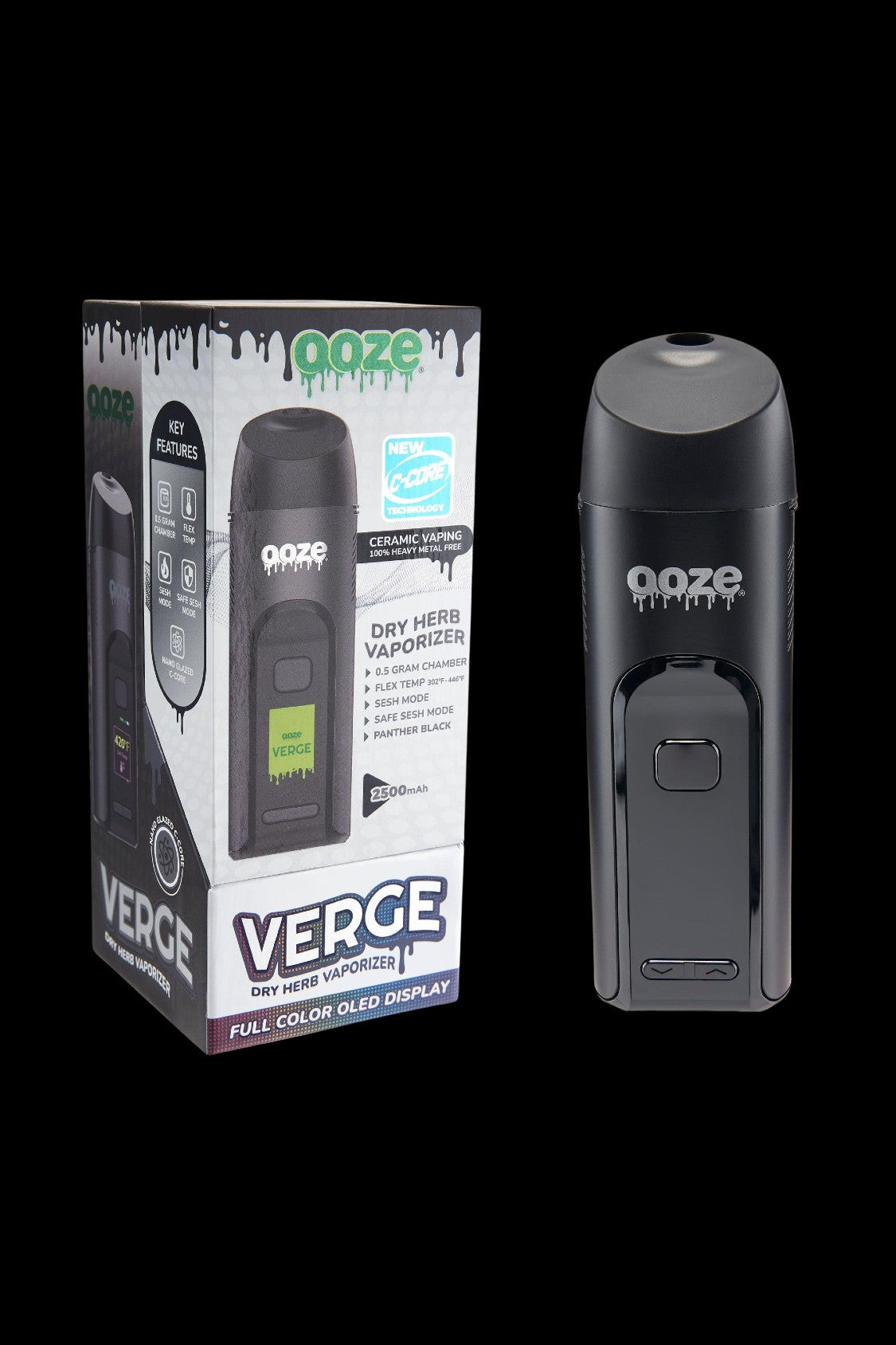 A black and green box for the “Verge” dry herb vaporizer by ooze, displayed alongside the device itself, a sleek black handheld unit with a digital display.