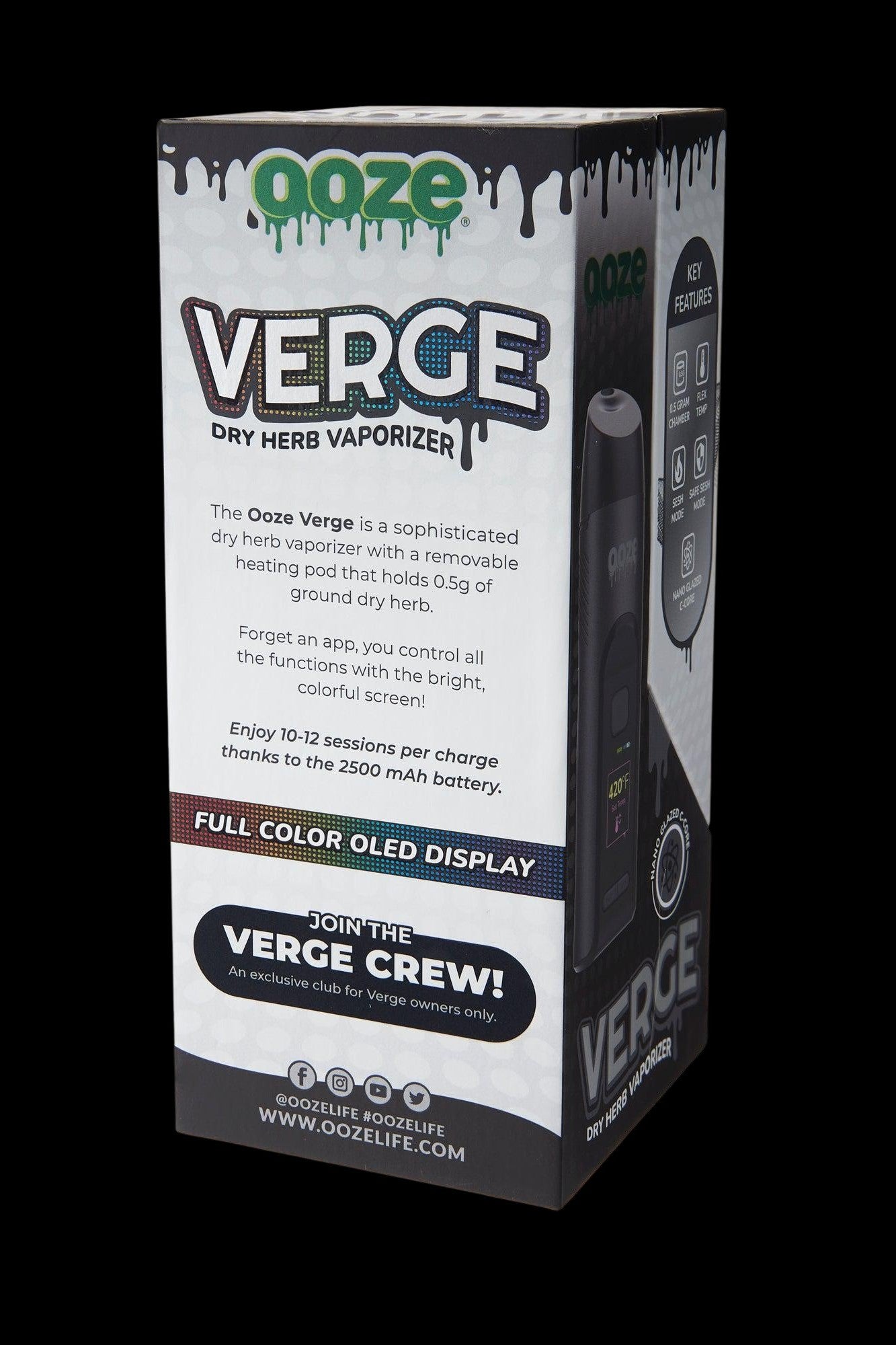 Packaging for the Ooze Verge dry herb vaporizer, highlighting features like a removable heating pod, OLED display, and 2500mAh battery.