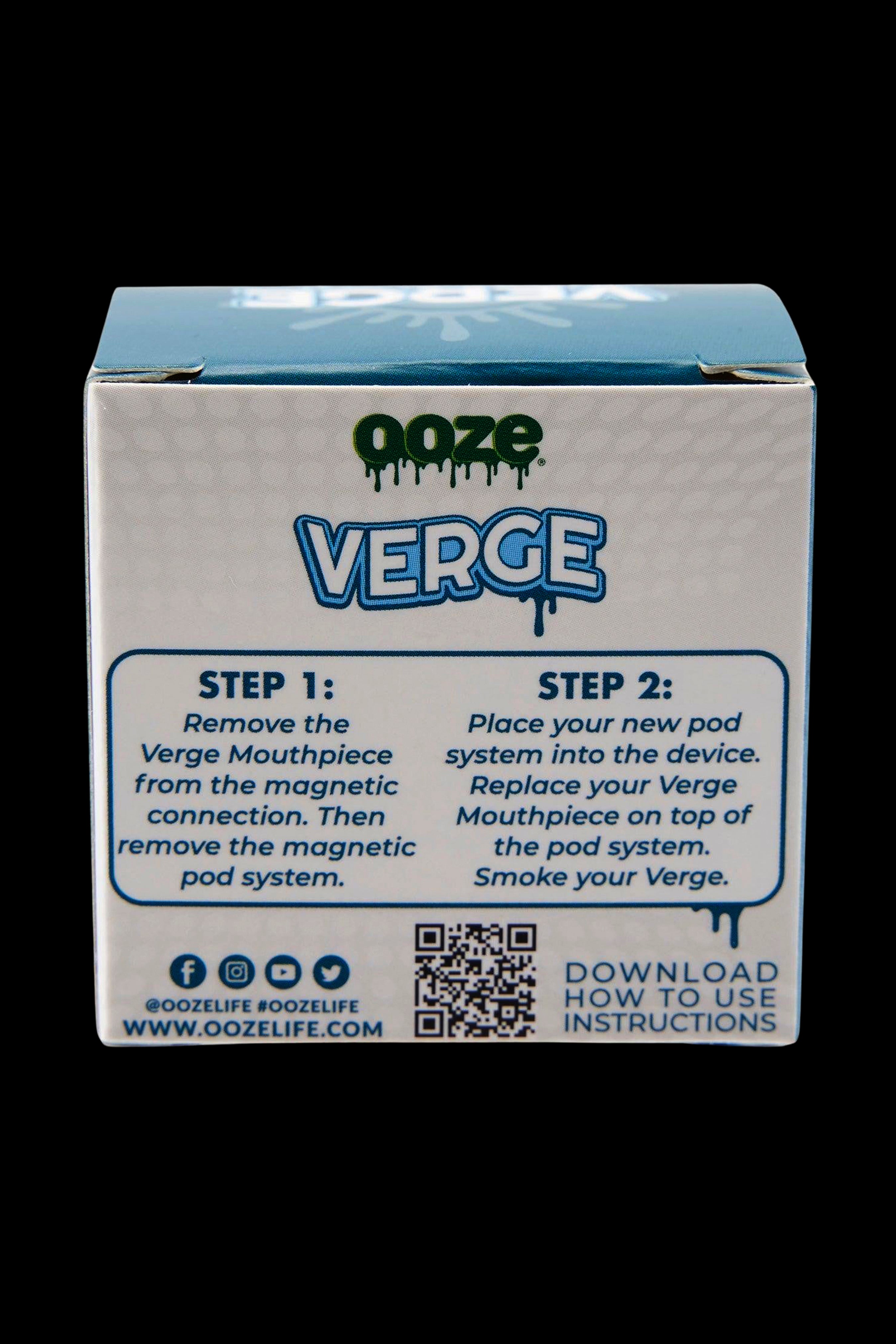 Close-up of packaging for Ooze Verge cannabis pod system with step-by-step instructions and social media handles.