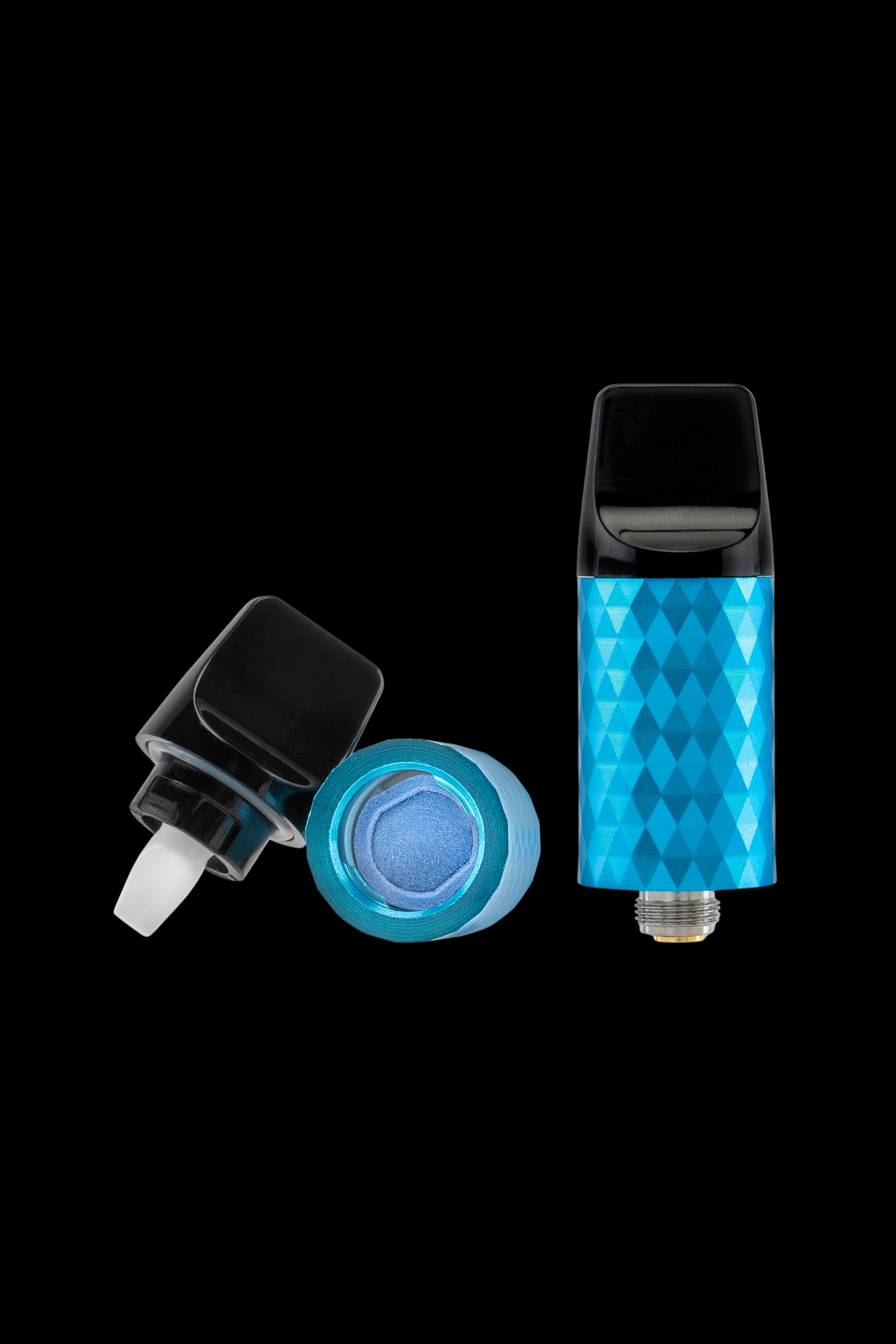 Blue cannabis oil vape cartridge disassembled, showing tank, mouthpiece, and internal components on a black background.