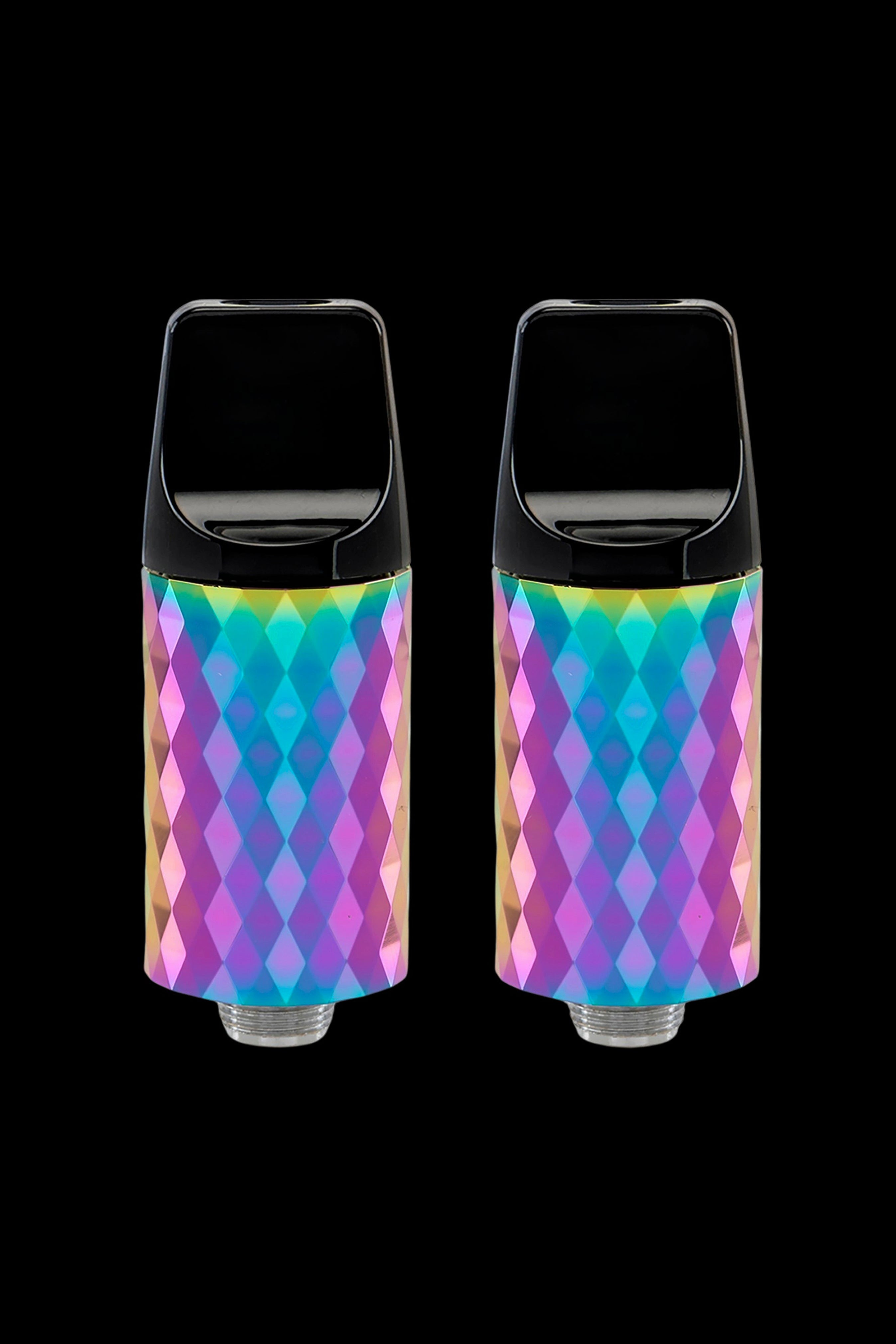 Two iridescent cannabis oil cartridges against a black background.