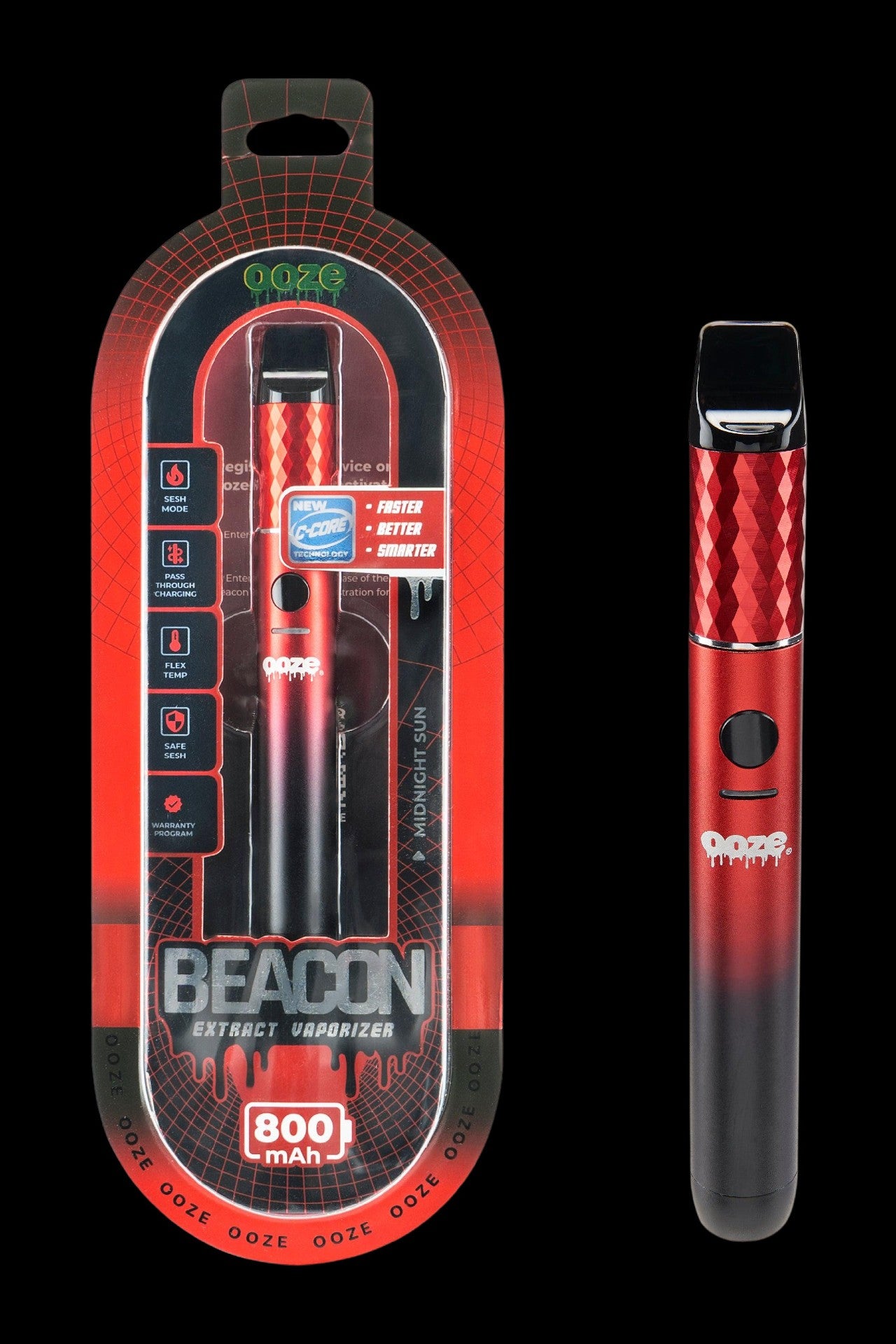 Ooze Beacon extract vaporizer in Midnight Sun finish, packaged and displayed with feature icons and 800mAh capacity noted.