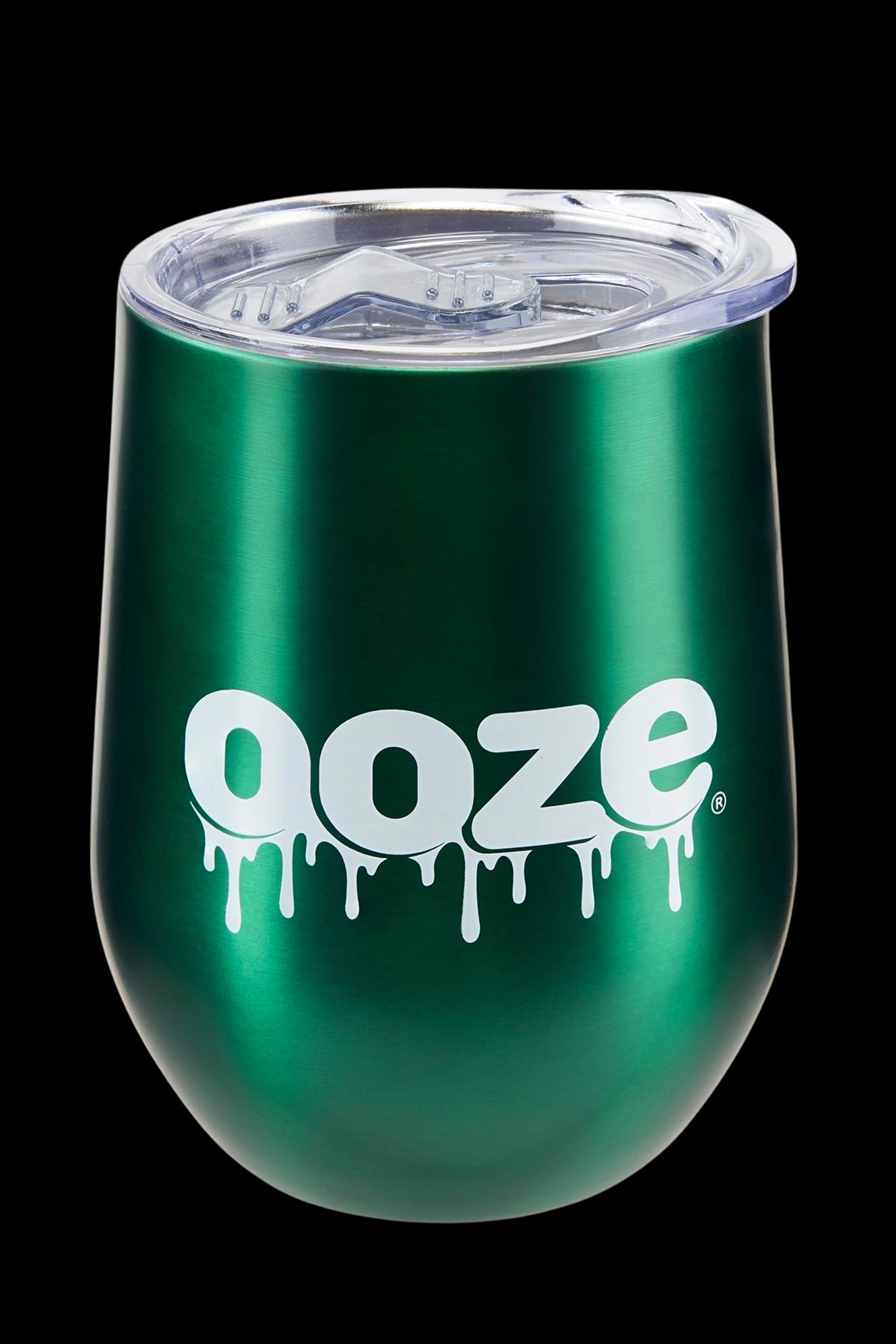 Green “ooze” branded wine tumbler with a clear lid.