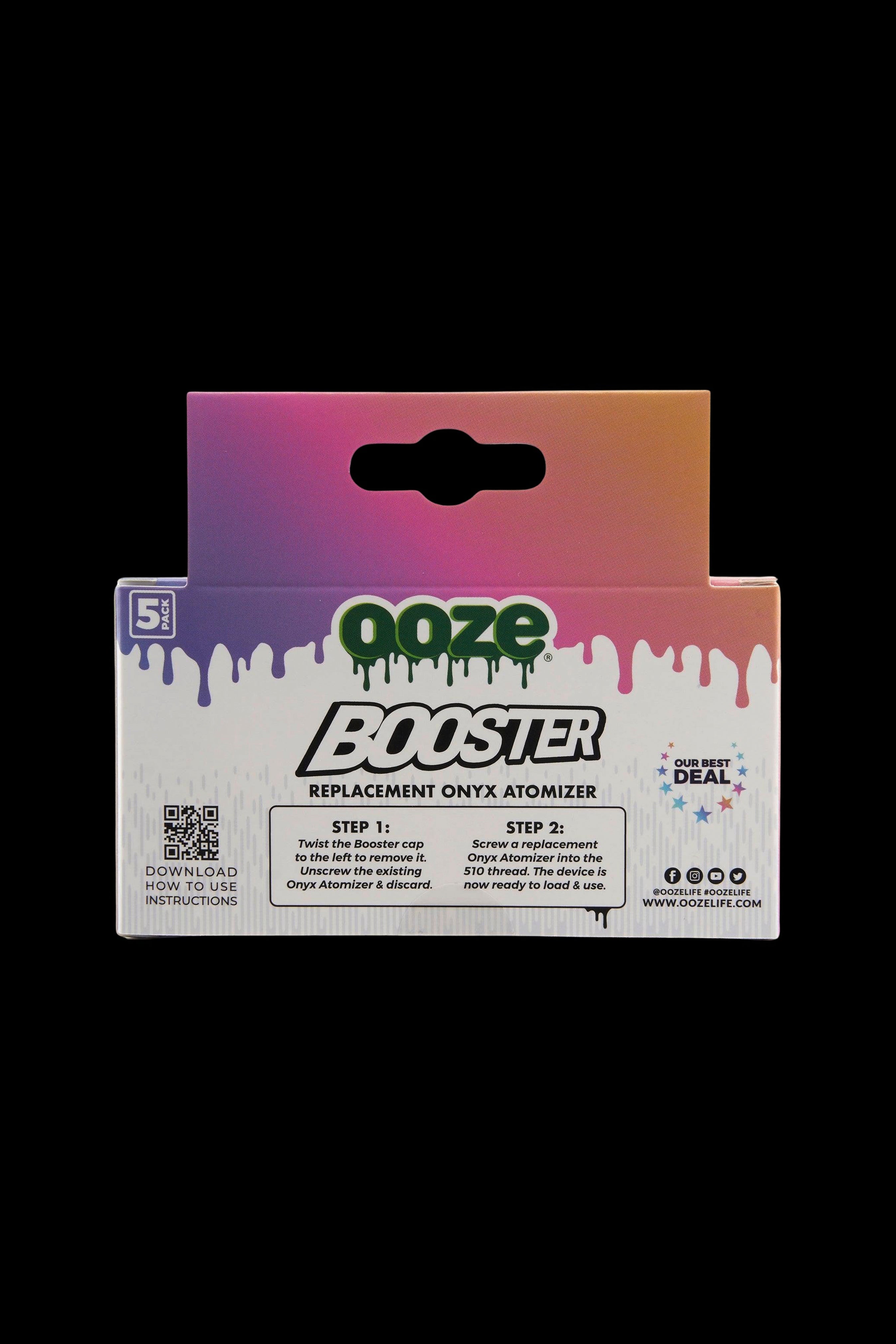 Ooze Booster replacement onyx atomizer packaging with instructions and QR code.