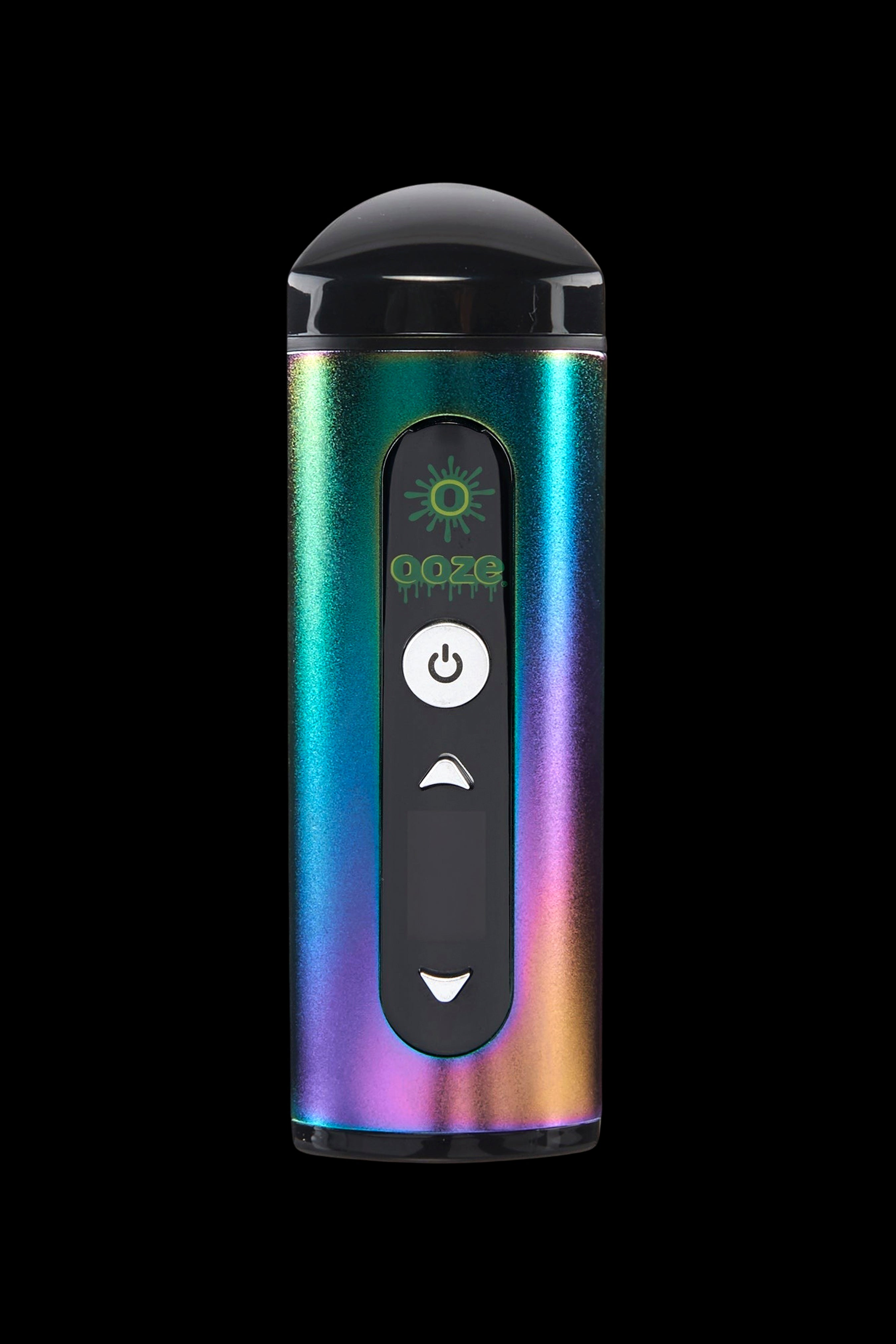Iridescent cannabis vaporizer pen with digital display and button controls.