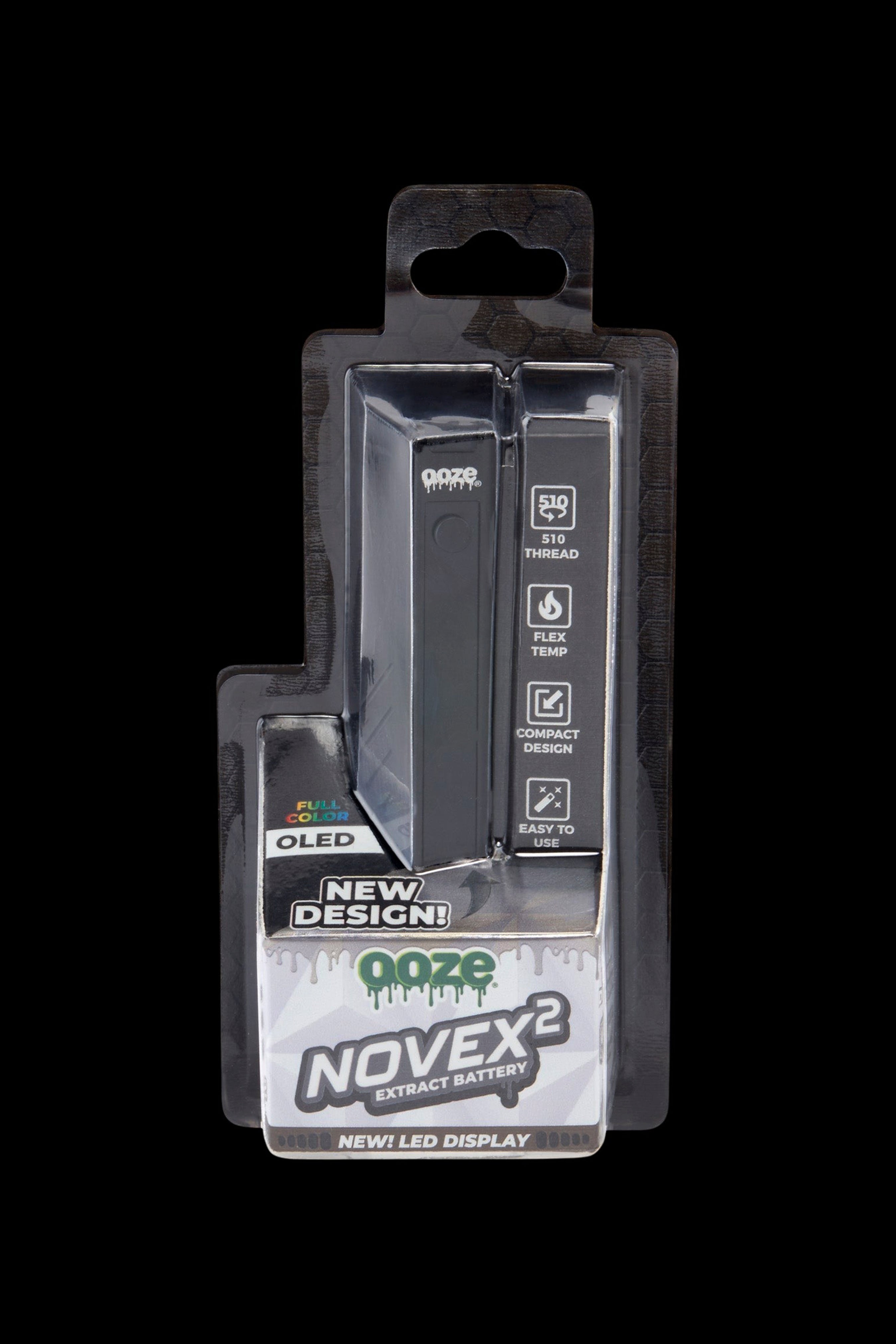 Ooze Novex 2 extract battery in sealed packaging, featuring product details and branding.