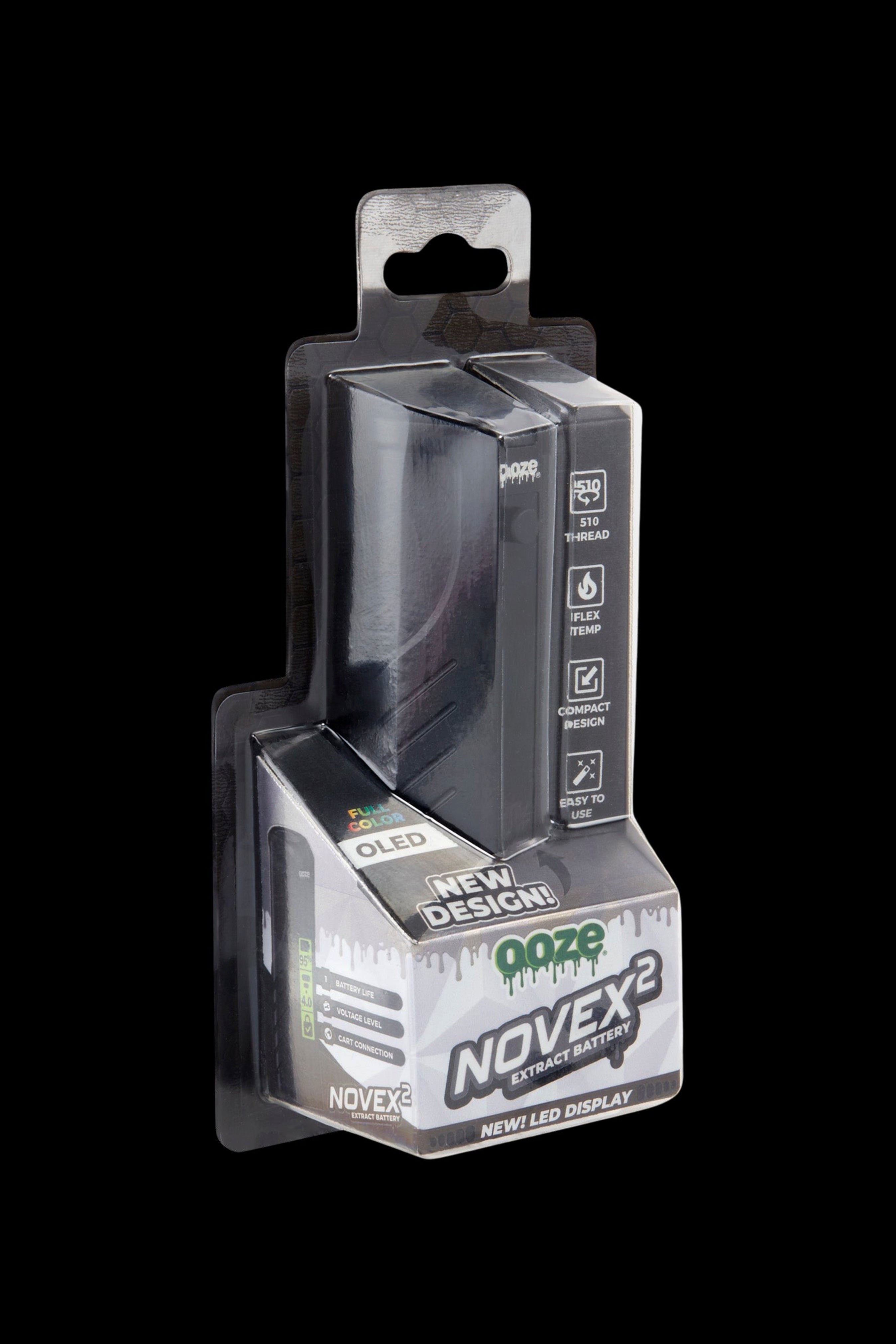 A packaged “Nooze Novex 2” cannabis vape battery with features like a 510 thread and LED display.