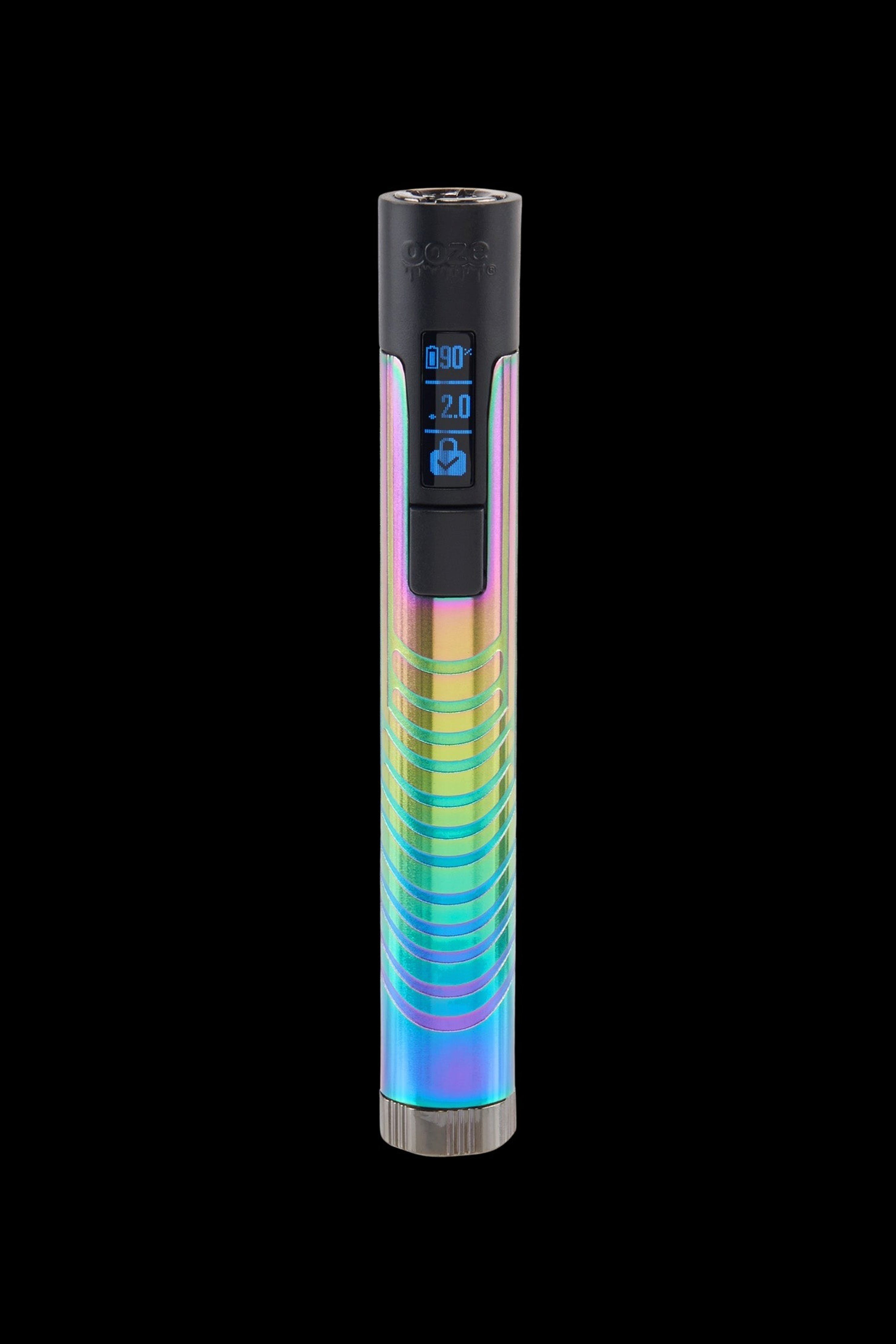 Iridescent cannabis vape pen with digital display.