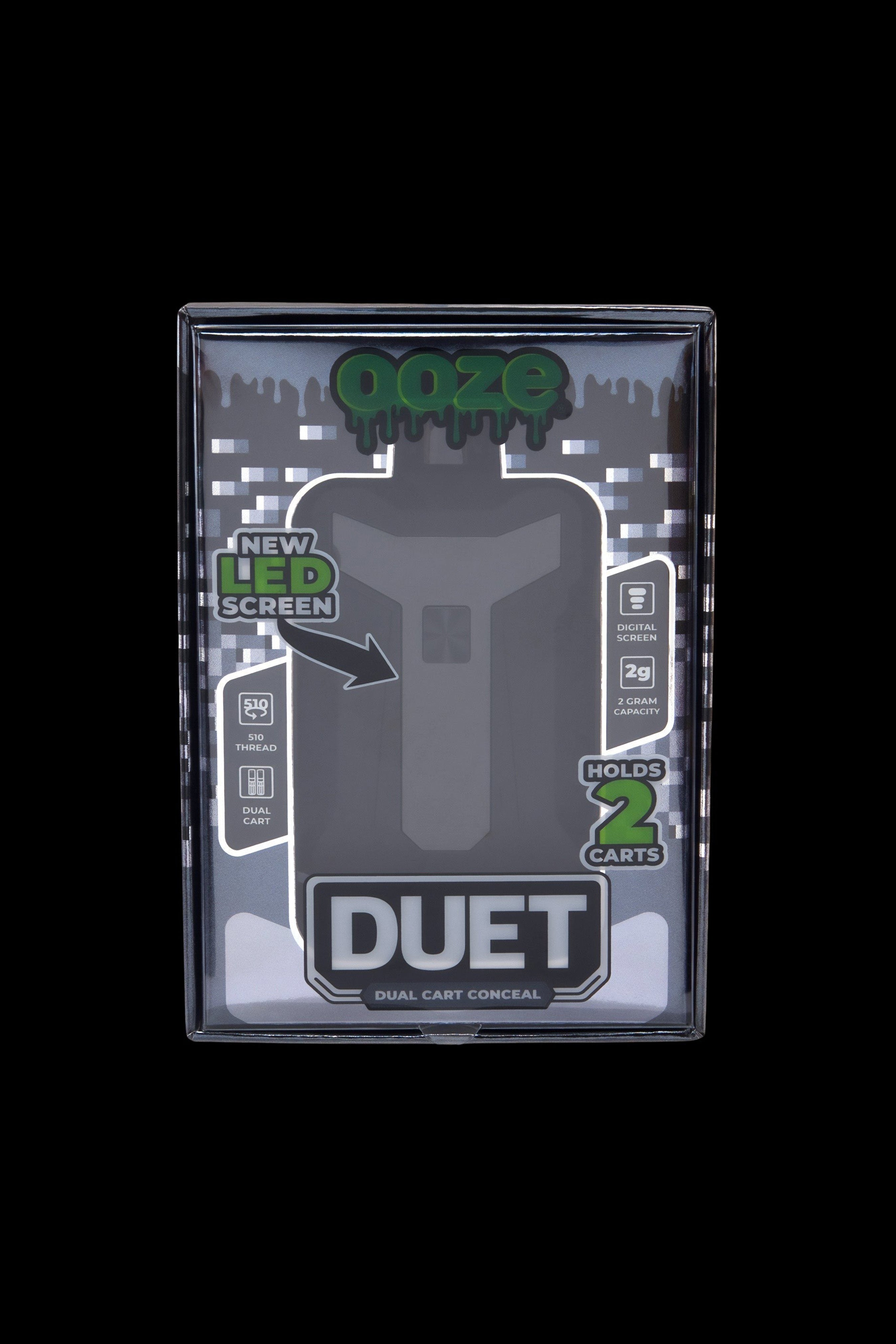 Close-up front view of the Ooze Duet 510 Dual Conceal Cart Battery in its black and silver retail packaging against a black background.