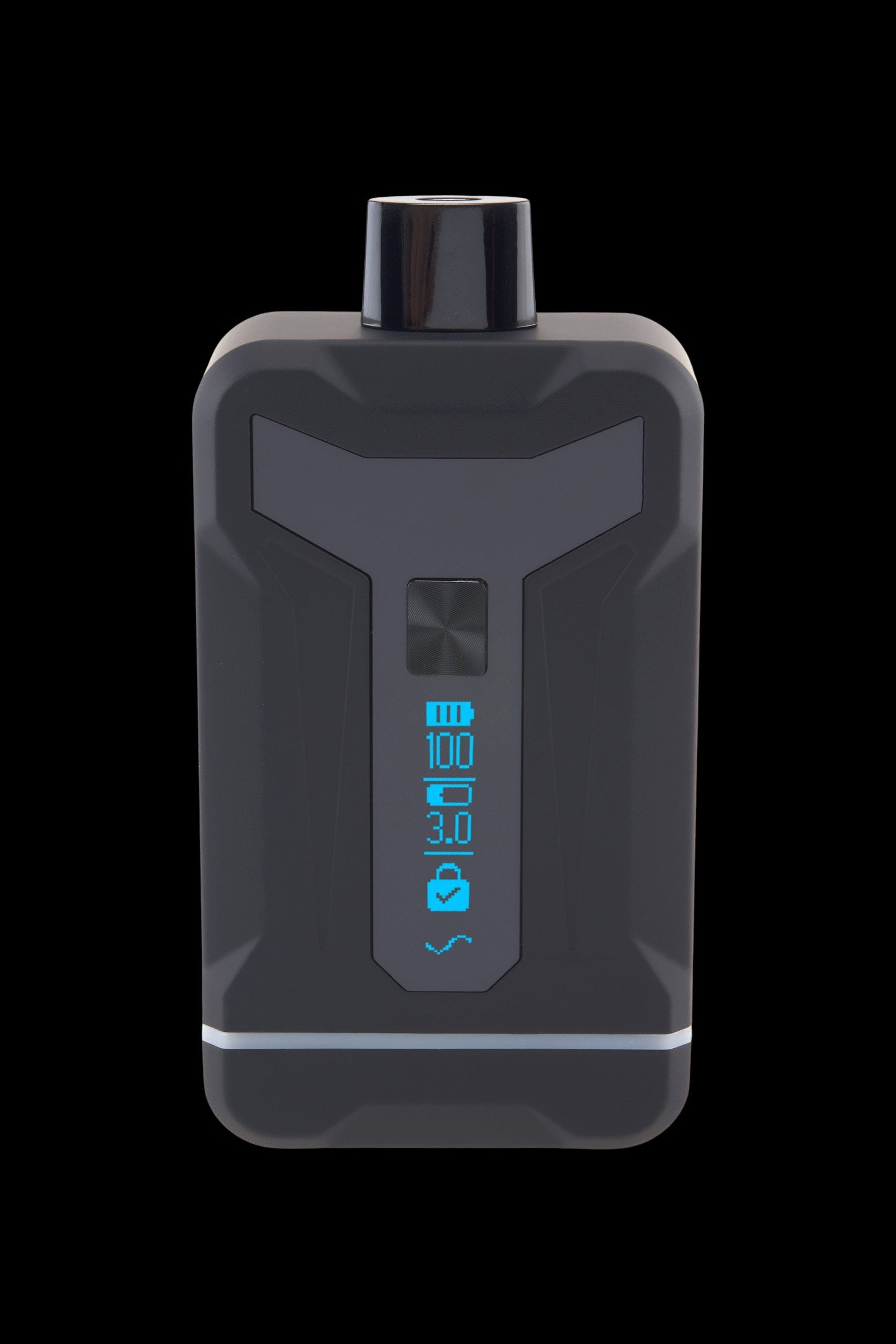Close-up front view of the black Ooze Duet 510 Dual Conceal Cart Battery showing its glossy top pod and blue illuminated status icons on a black background